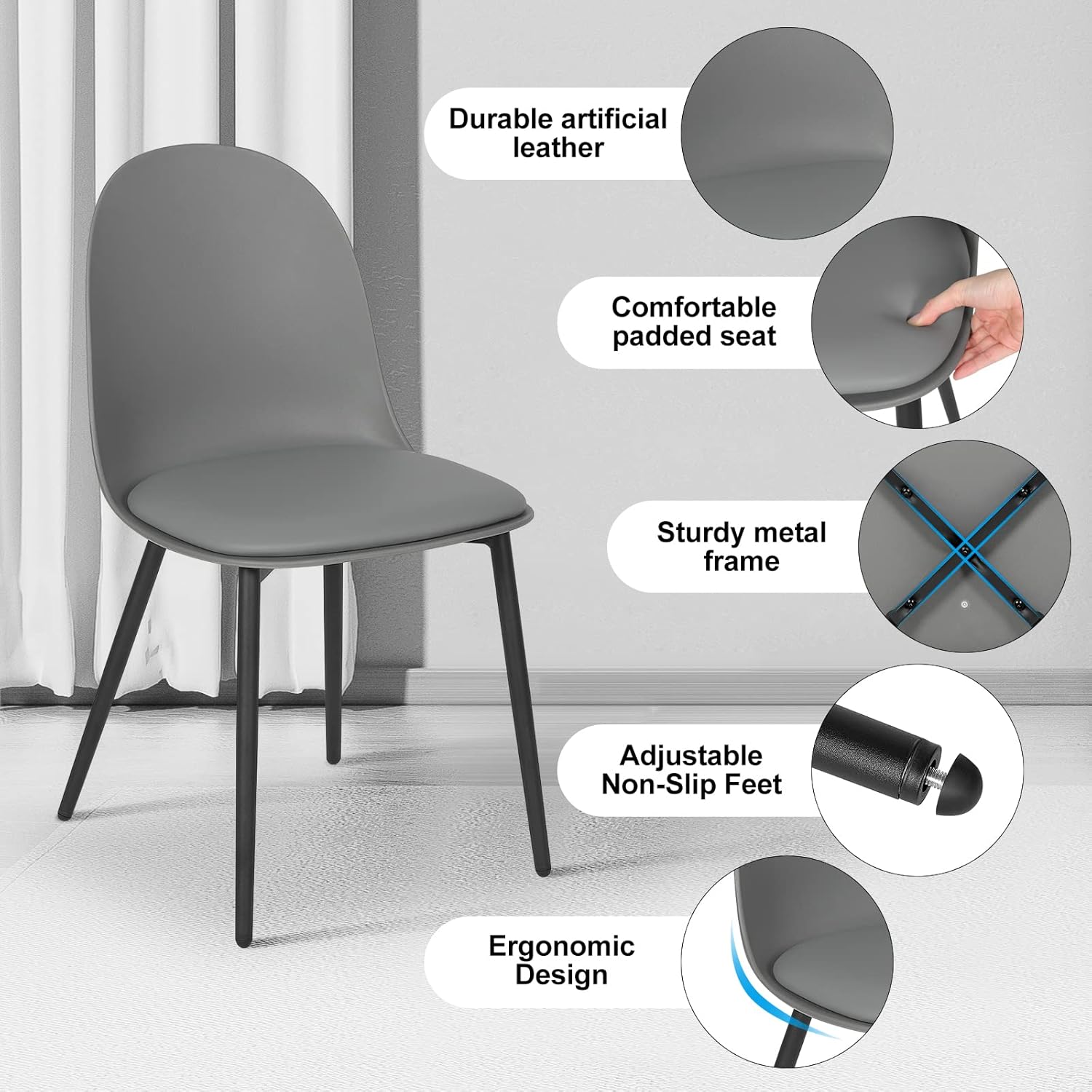 Diagram showing chair components and features: durable artificial leather, comfortable padded seat, sturdy metal frame, adjustable non-slip feet, ergonomic design.