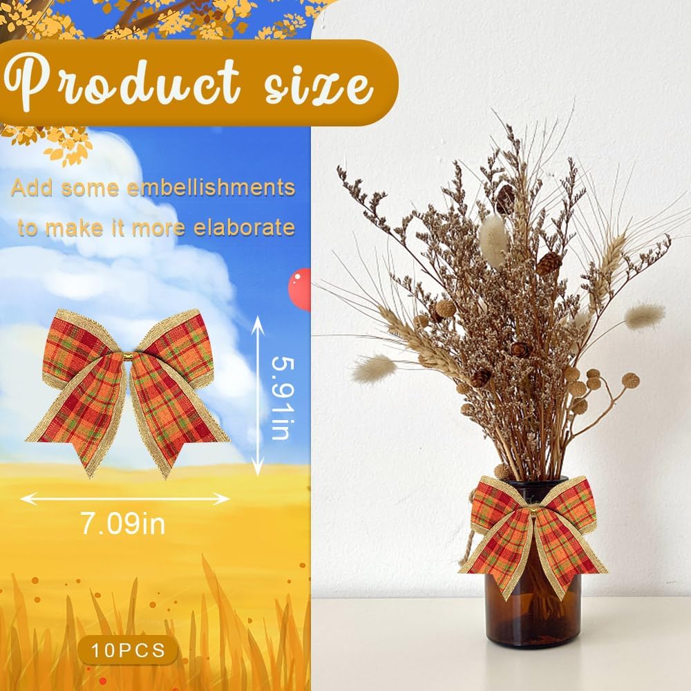 ALIBBON 10 Pcs Fall Bows for Wreath, Thanksgiving Wreath Bows, Orange Buffalo Plaid Bows, Wreath Ornaments Fall Decor, Decorative Small Burlap Bows for Thanksgiving Dinner Party Supplies