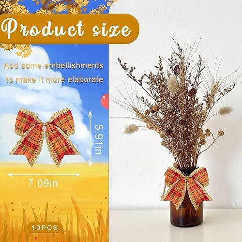 Miniatura 6 de ALIBBON 10 lazos de otoño para corona, lazos de corona de Acción de Gracias, lazos de calabaza de flores naranjas, adornos de corona, decoración de