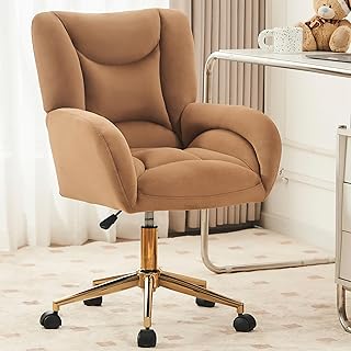 Soft Velvet Desk Chair Comfy with Gold Metal Legs&Wheels, 360 Swivel Com...