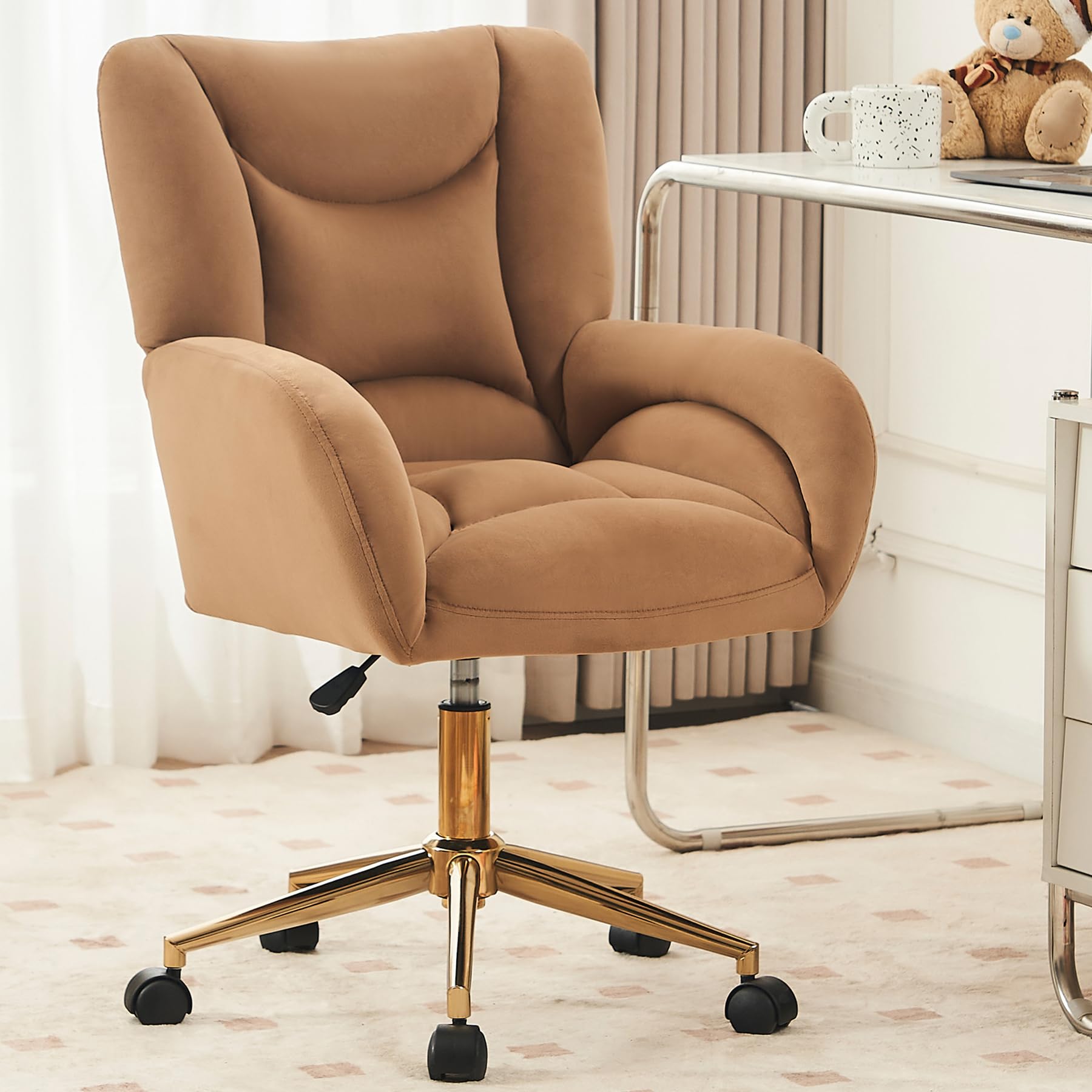 Ochangqi Soft Velvet Desk Chair Comfy with Gold Metal Legs&Wheels, 360 Swivel Comfy Office Chair with Height-Adjustable, Cute Brown Office Chair for