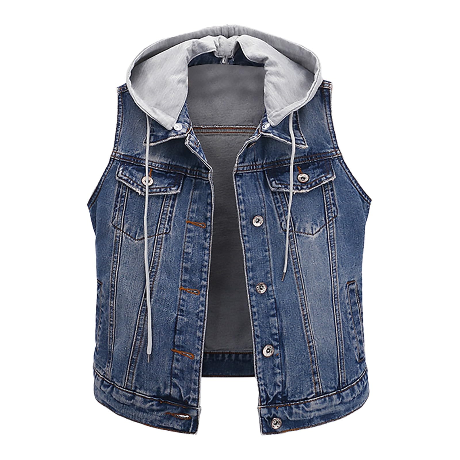 Gilet in denim con cappuccio per le donne senza maniche giacche di jeans con bottoni vintage in denim invecchiato gilet con cappuccio retrò moda gilet fidanzato streetwear cappotti con tasche