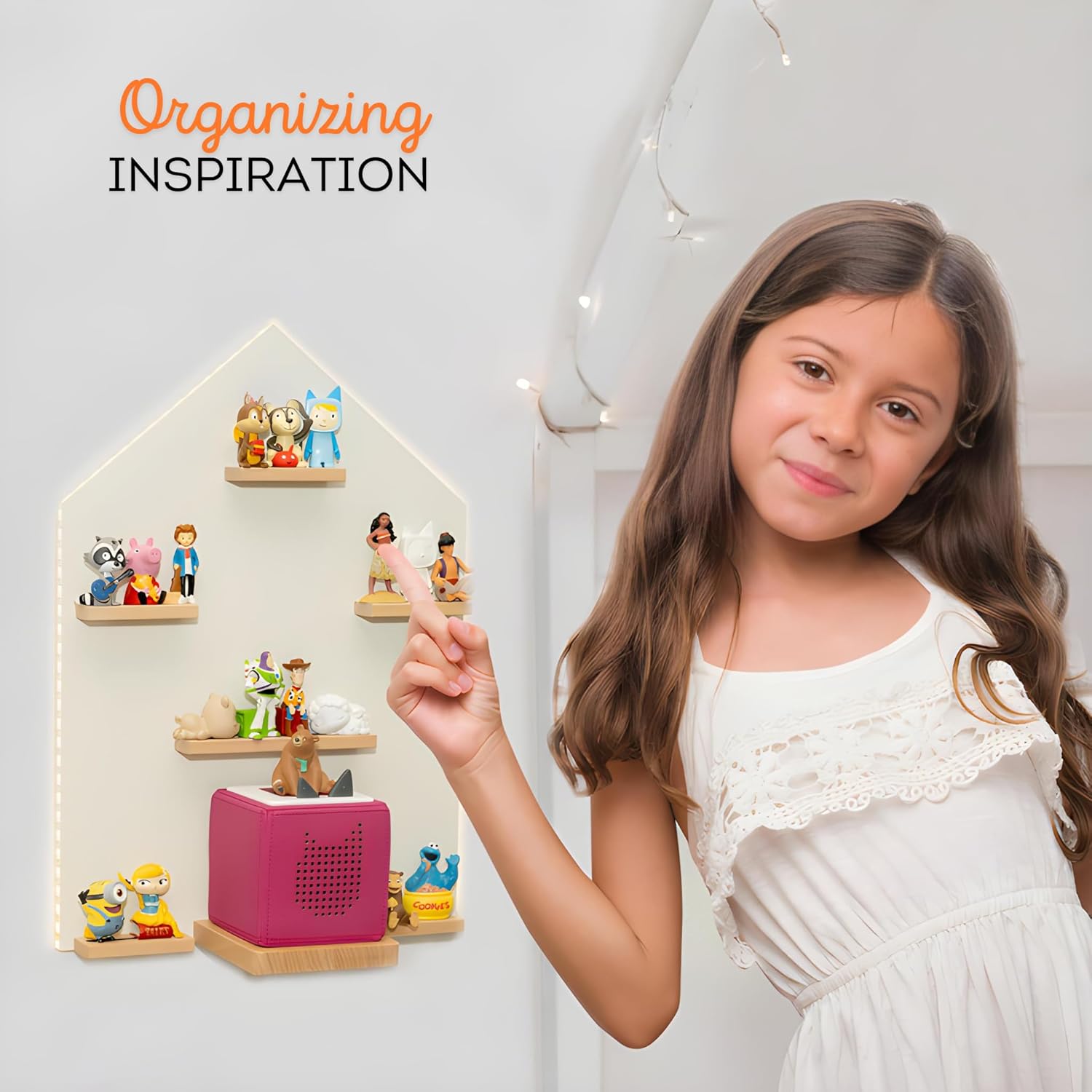 BigStep Large LED Magnetic Shelf for Tonies - Compatible with Toniebox and Tonies Characters - Metal Strips on Top and Bottom - Hang on Wall or Use Free Standing - Comparable to Tonies Shelf