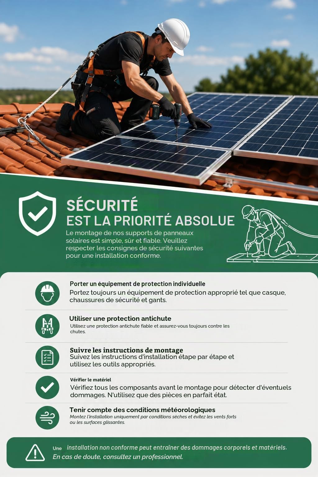 Kit de montage pour 2 panneaux - Crochet de toit en acier inoxydable - Profilés en aluminium - Compatible avec les panneaux solaires de 30 à 40 mm