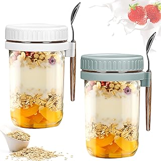 2Pcs 20oz Overnight Oats Jars, with Lid and Stainless Steel Spoon, Leakproof Overnight Oat Glass Cups, Reusable Portable Oatmeal Container to Go for Cereal Yogurt Fruit Milk Vegetable fruit Salad