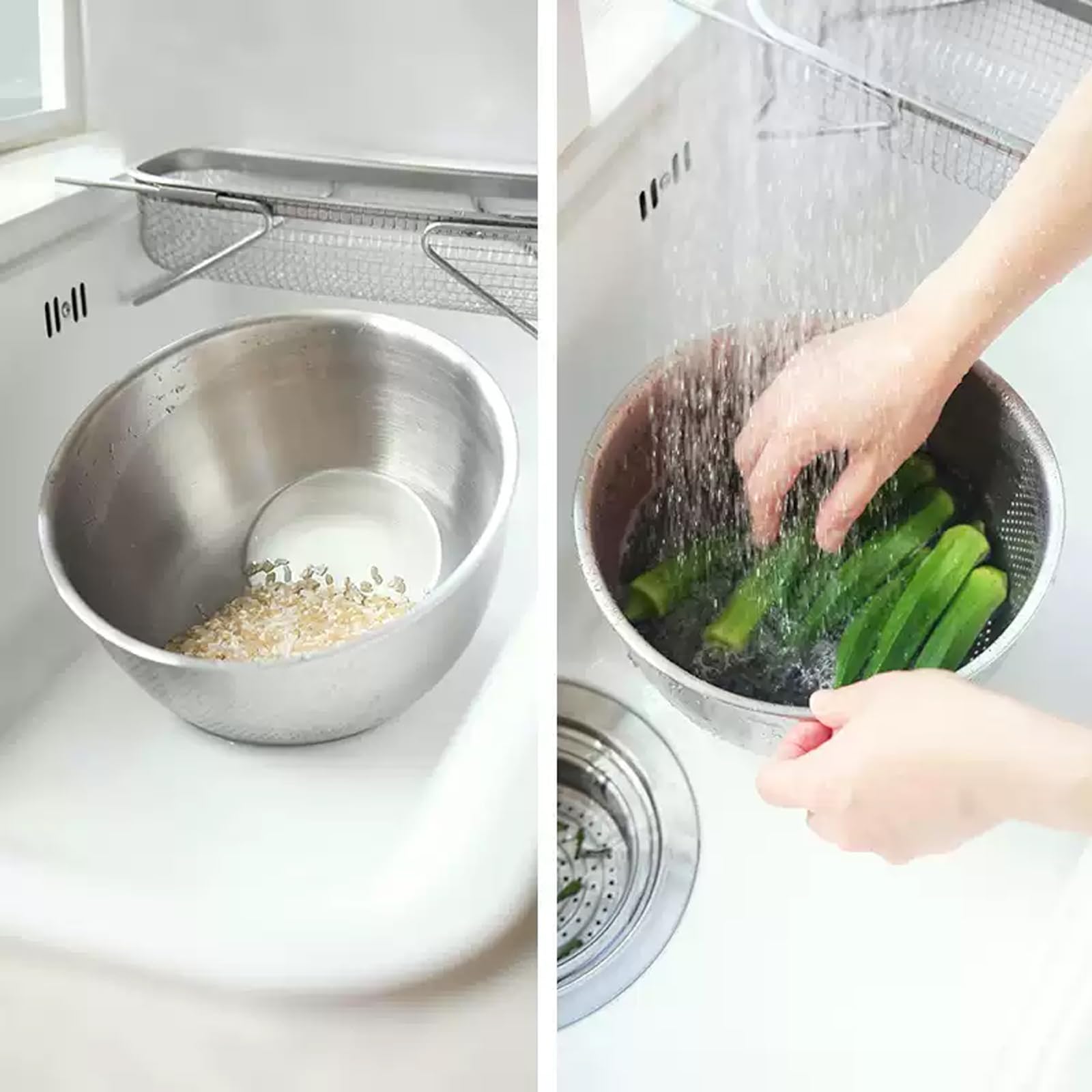 Arroz Lavado Bol,Colador de Acero Inoxidable,1.6L,Orificios Laterales de Drenaje,Adecuado Para Lavar y Filtrar Quinoa,Arroz,Granos,Frutas,Legumbres y Verduras.