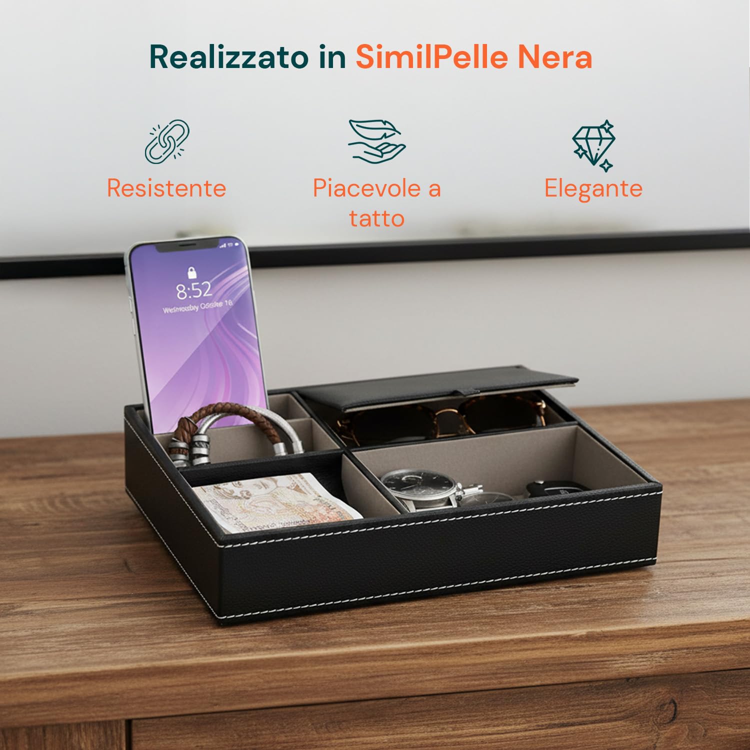 Avilia – Svuotatasche in Similpelle Nera con 5 Scomparti, Organizer da Tavolo Multifunzionale per Camera, Ingresso e Ufficio, Vassoio Portaoggetti Elegante Design Moderno e Interno in Camoscio