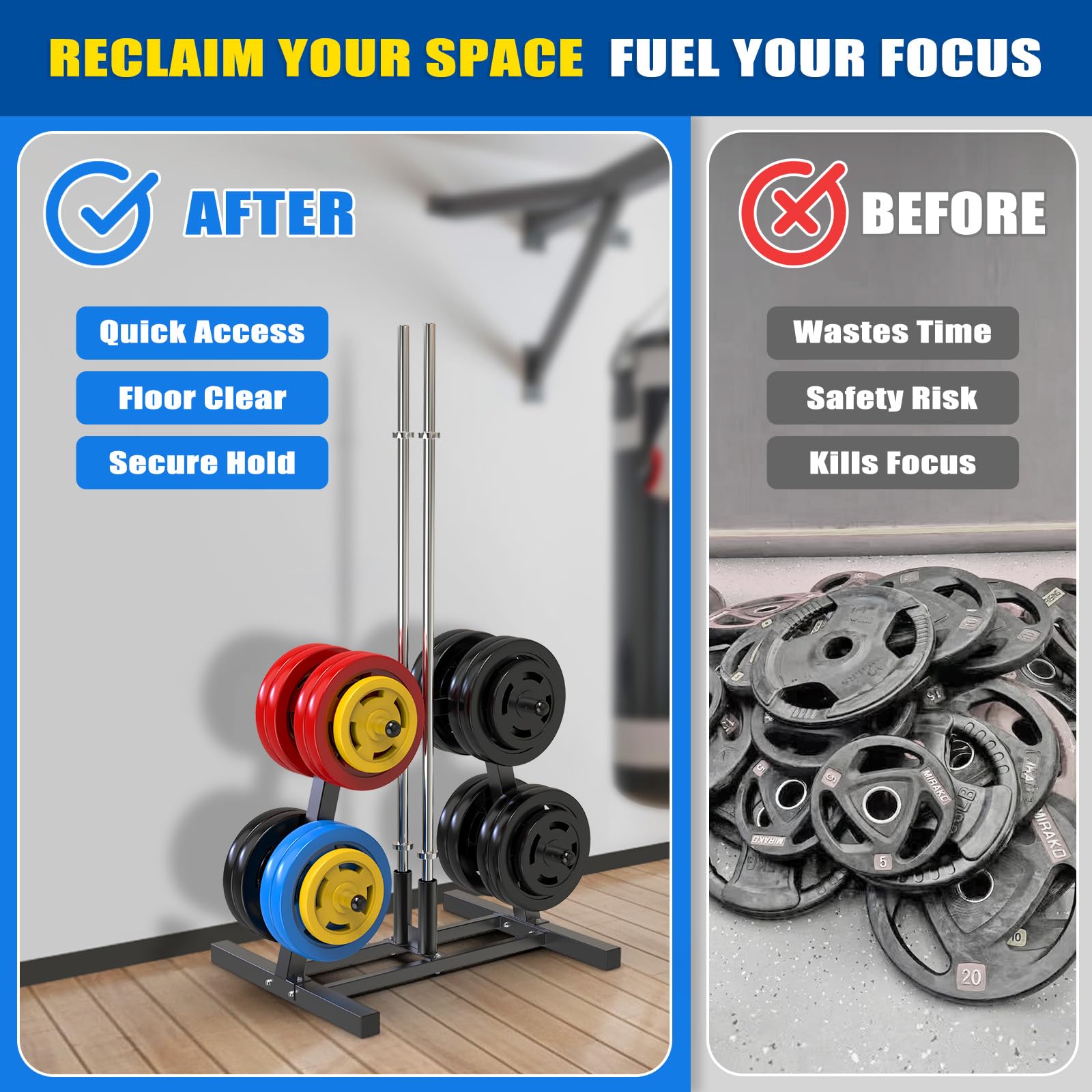 Kipika Gewichtsscheibenständer, Halter für 5 cm Olympia-Scheiben & 2 Langhantelhalter, robuster Bumper-Platten-Organizer für Heim-Fitnessstudio mit optionalen Rollen (A-Schwarz, ohne Rollen, 360 kg)