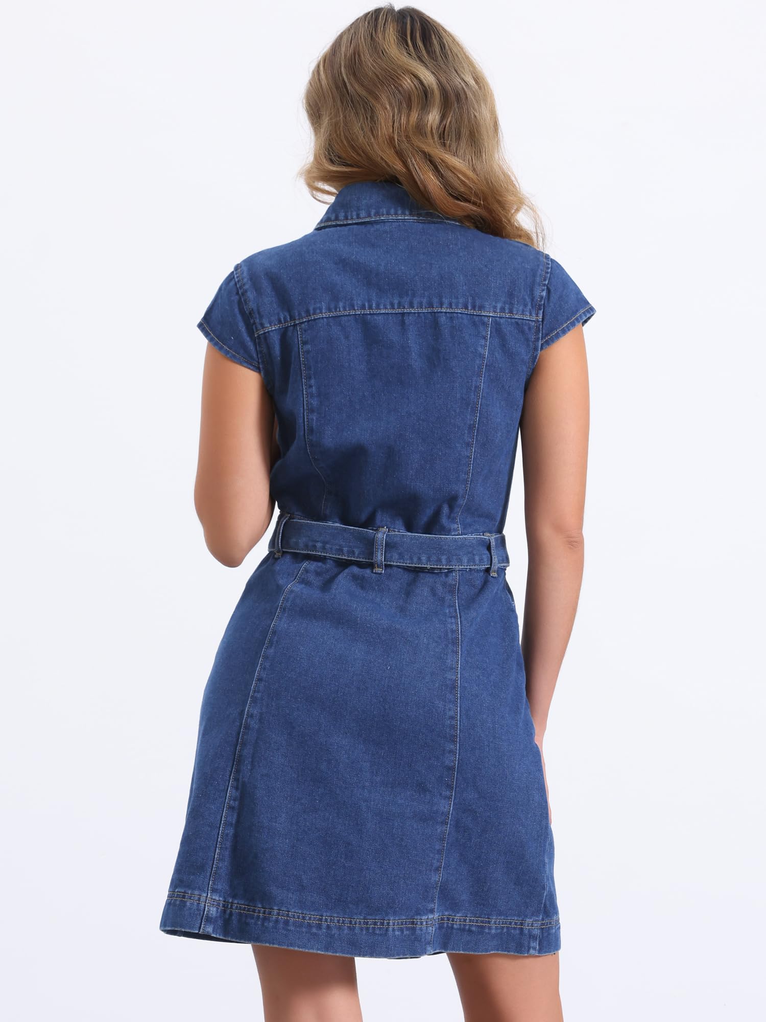Allegra K Mujer Vestido Vaquero Casual Verano Manga Corta Cinturón Botones