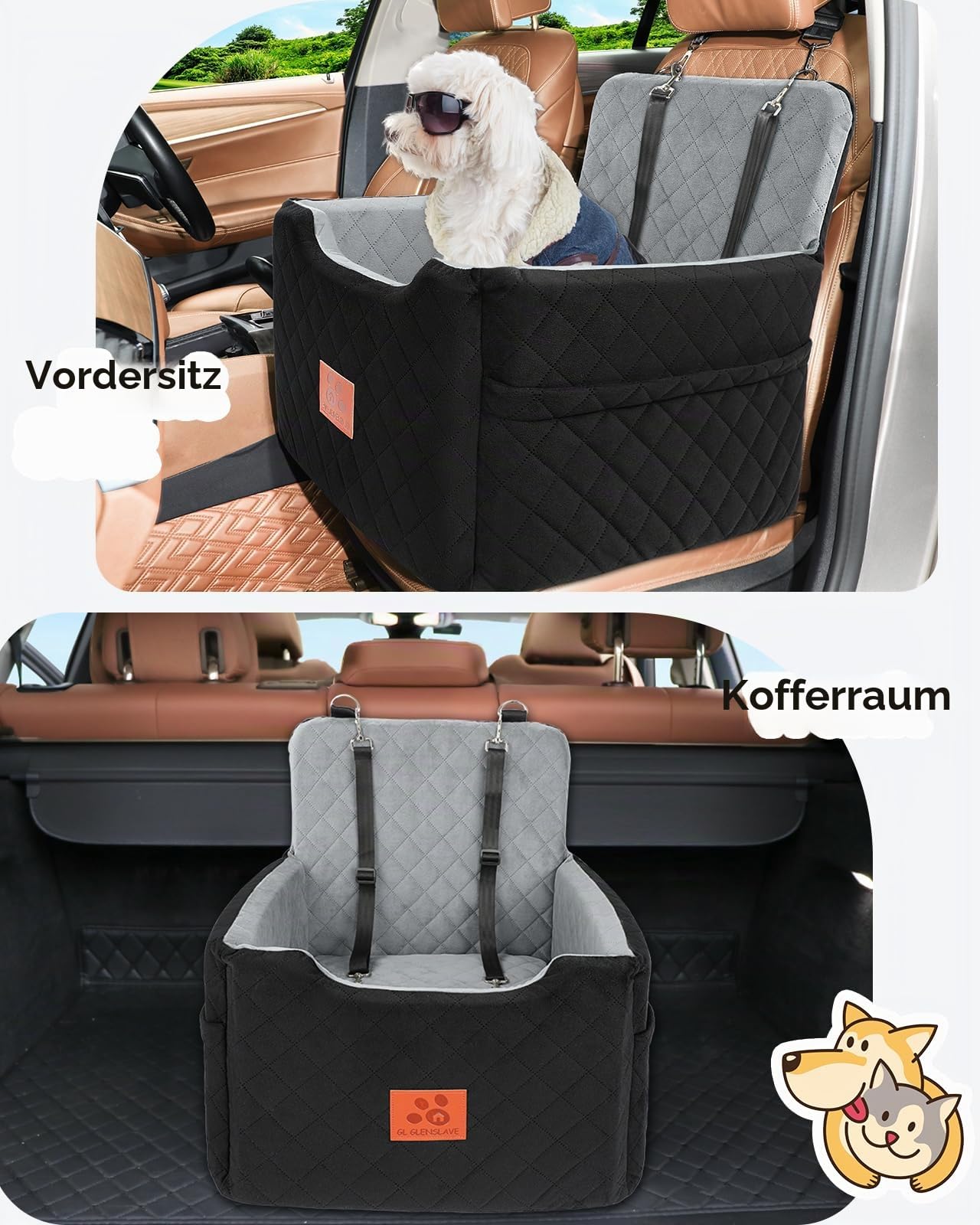 GL GLENSLAVE Autositz Hunde für kleine/mittlere Hunde unter 15 Kgs,Hunde Autositz,Abnehmbarer und waschbarer Haustier Autositz,Hundebett mit 2 Sicherheitsgurten(Schwarz/Grau)