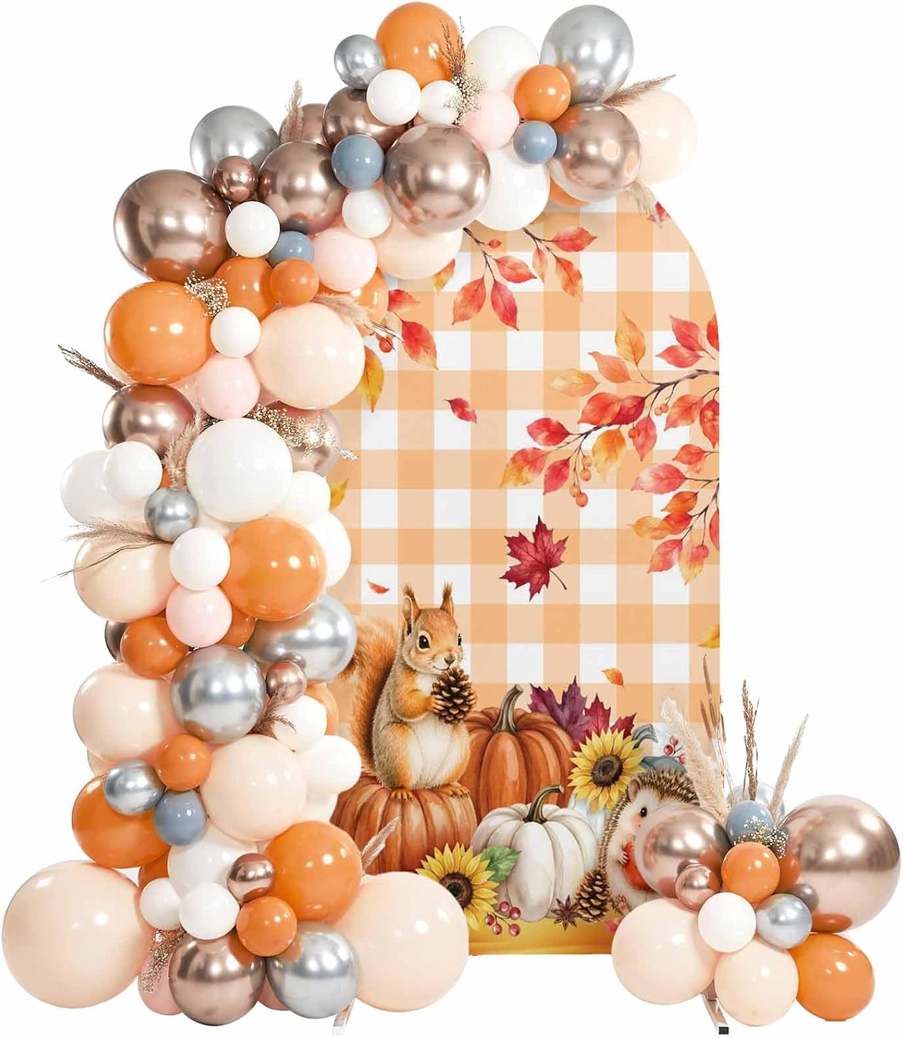 6ft Arch Backdrop Cover, Thanksgiving Squirrel Hedgehog Pumpkin Stretch Spandex Arch Stand Cover, Fall Sunflower Leaf Check Round Top Chiara Photo Background Decoration for Birthday Party Ceremony