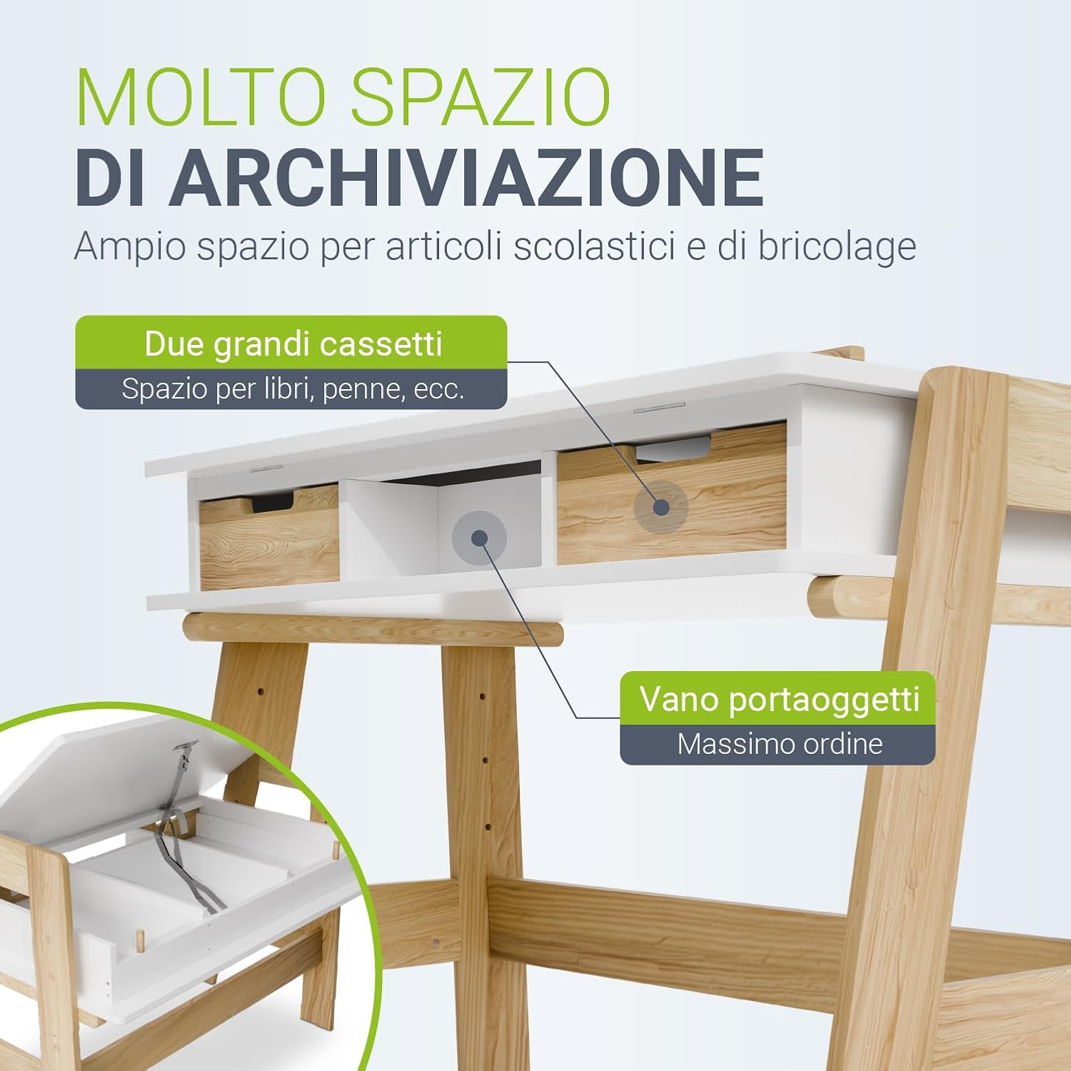 Juskys Fietje Plus desk showing its storage features: two large drawers and a central open compartment