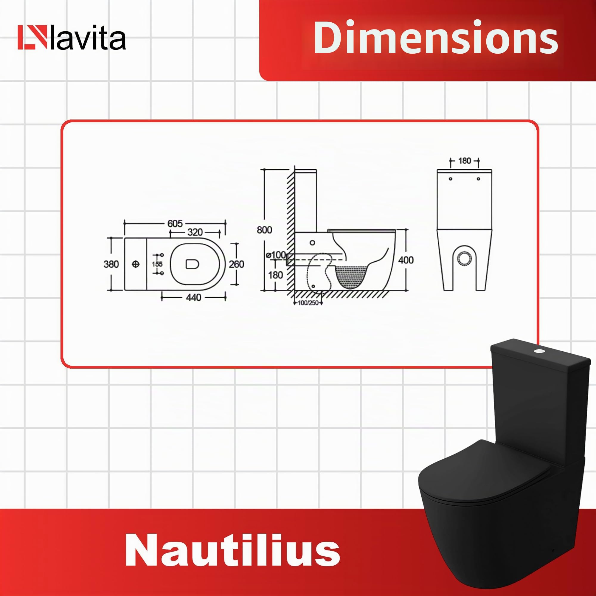 LAVITA Eendelig staand toilet met ingebouwde spoelkast NAUTILIUS BLACK WC-deksel met softclose Keramisch toilet Randloos toiletpot Toiletpot Staand + WC-aansluitstuk