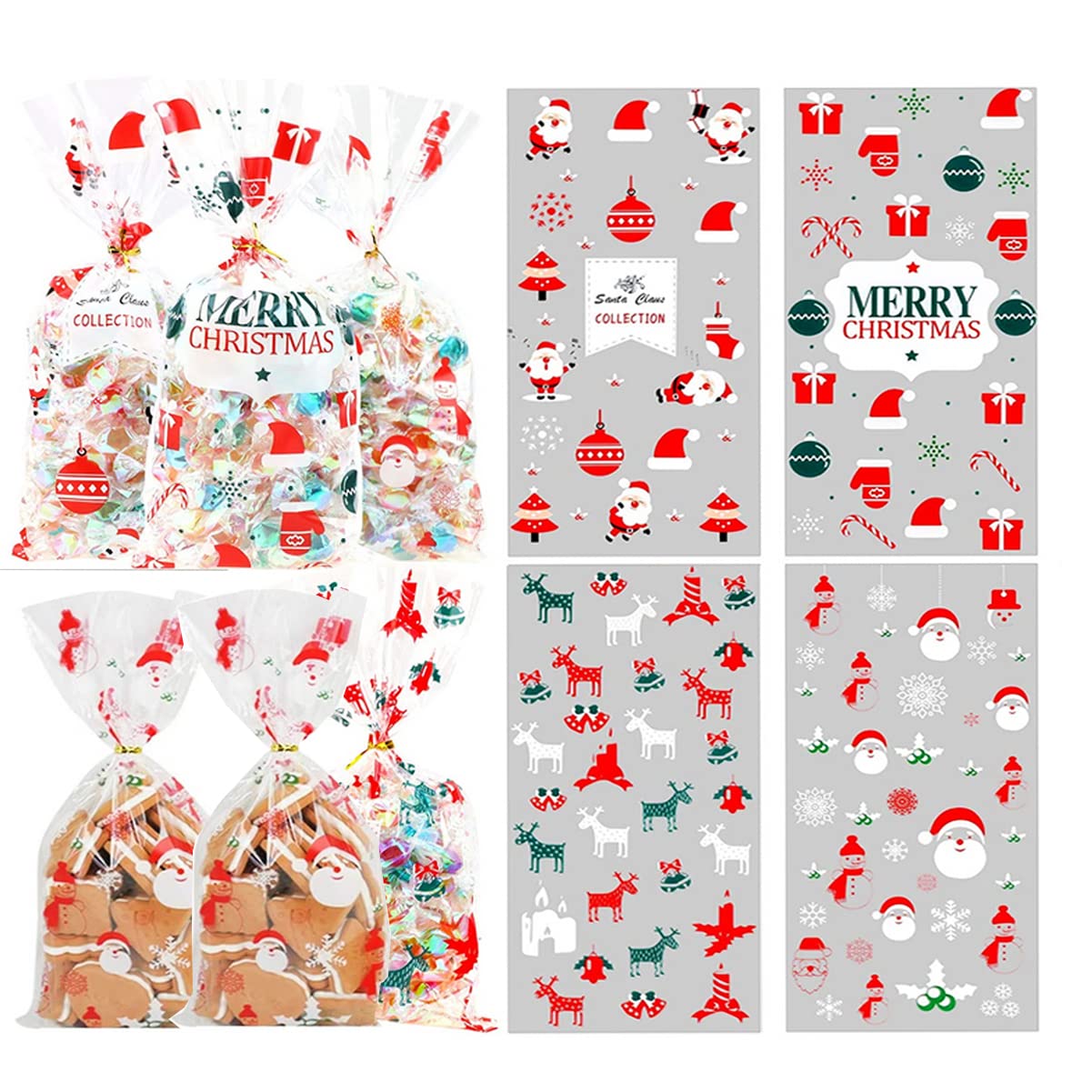 100 Sacchetti Caramelle Natalizi Trasparenti In OPP Con 200 Fascette, 27x13 Cm, 4 Motivi Natalizi (Babbo Natale, Fiocchi, Campane), Ideali Per Biscotti E Regalini