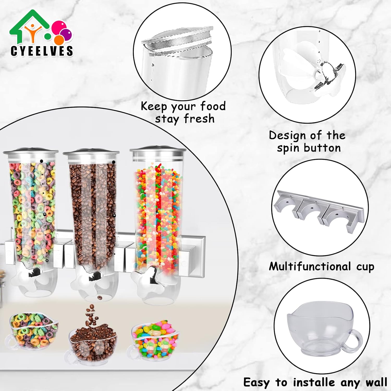 Food Dispenser Wall Mounted Grain Dispenser, Cereal Dispenser with Cup, 6 Pack Shot Glasses with Holder, Shot Glass Set with Tray