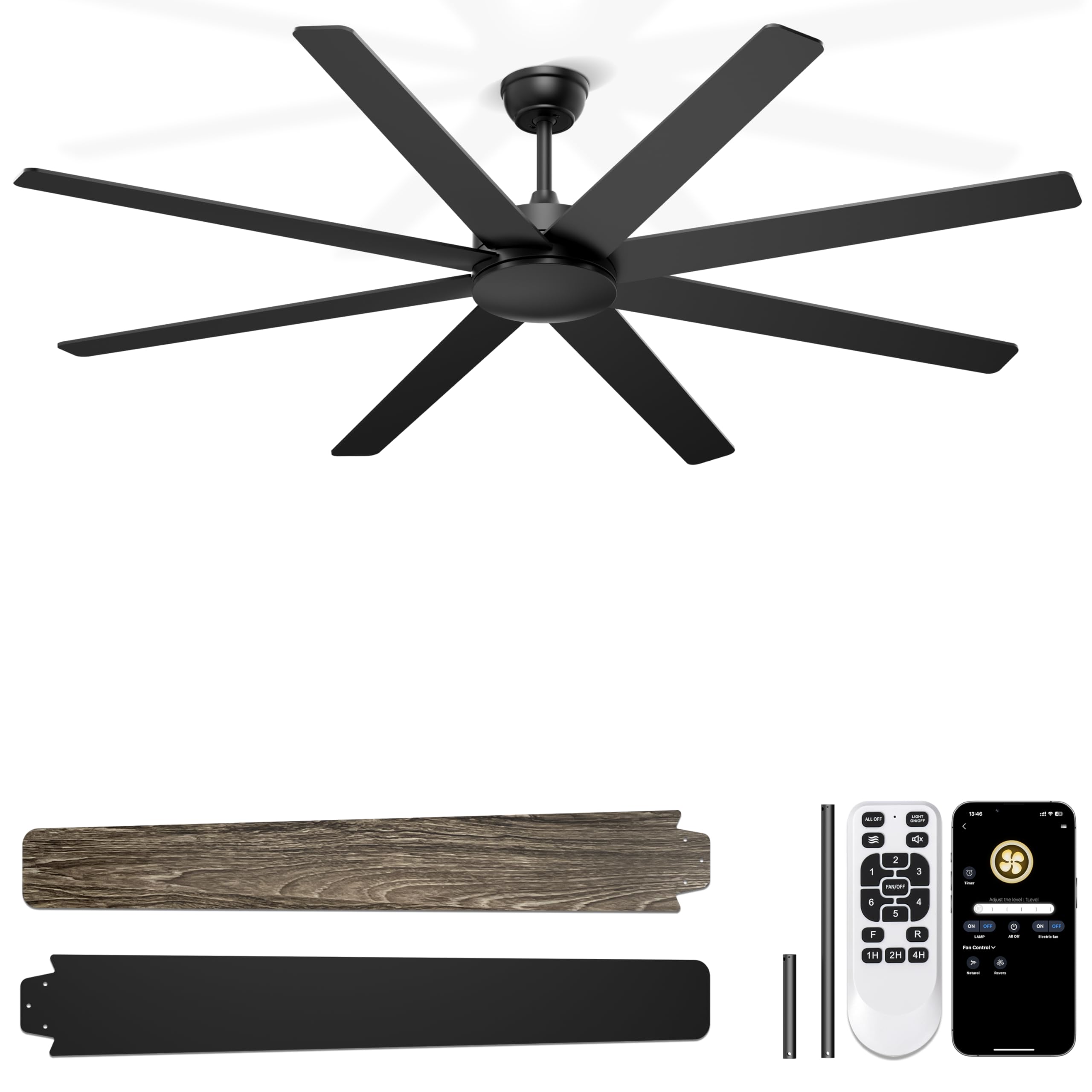 72 Large Ceiling Fans No Lights Modern Black Ceiling Fan Remote APP Control Quiet DC Motor Big Ceiling
