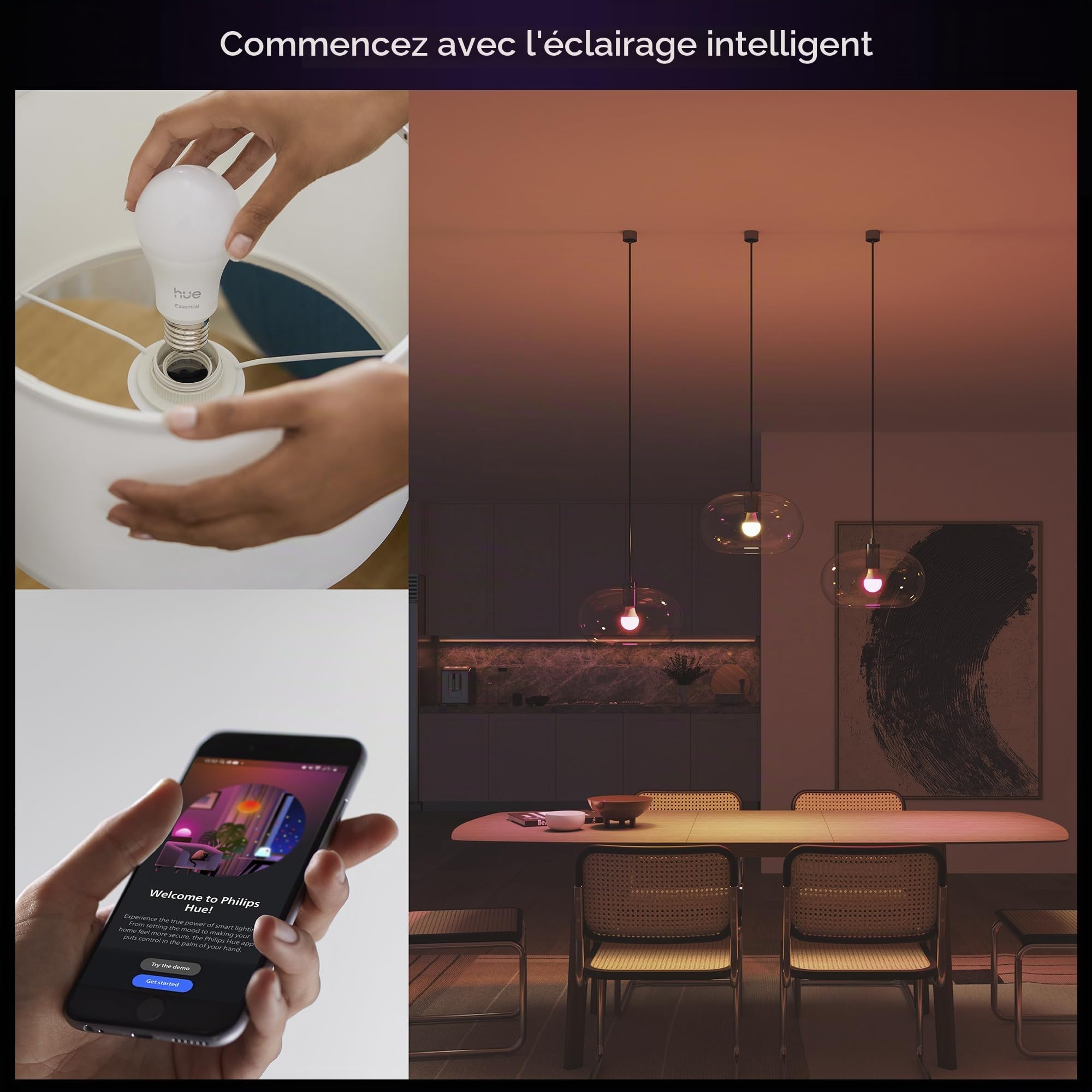 Lot de 3 ampoules Philips Hue Essential - E27 - A60 - Lumière blanche et colorée - 8 W