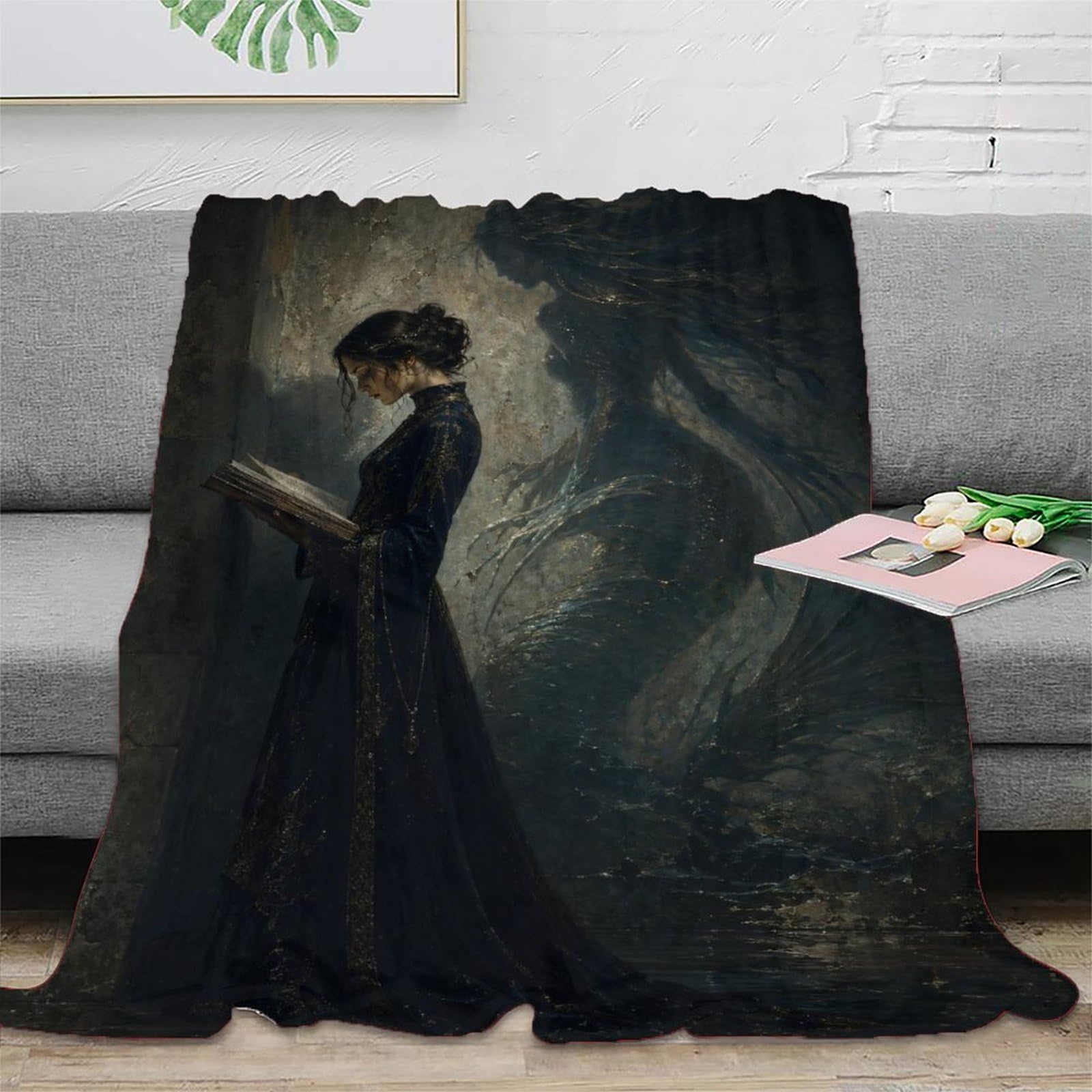 W7C8U2X3 Woman Reading Dragon Shadow Blanket, Flannel, Mythical Dragon Art