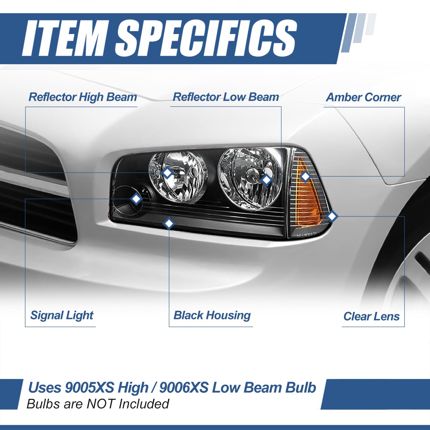 Auto Dynasty Headlights Assembly Compatible with 2006-2010 Dodge Charger, 4Pcs Driver and Passenger Side Halogen Headlamps Replacement, Black Housing Amber Corner