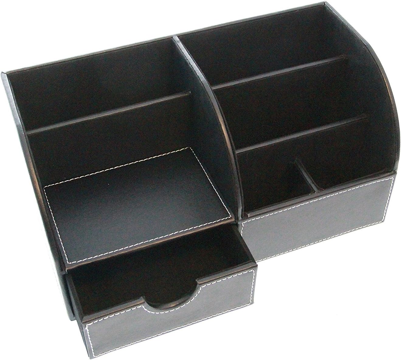 Faux Leather Desktop Supplies Organizer - Black Tiered 6-Slot w/ Drawer