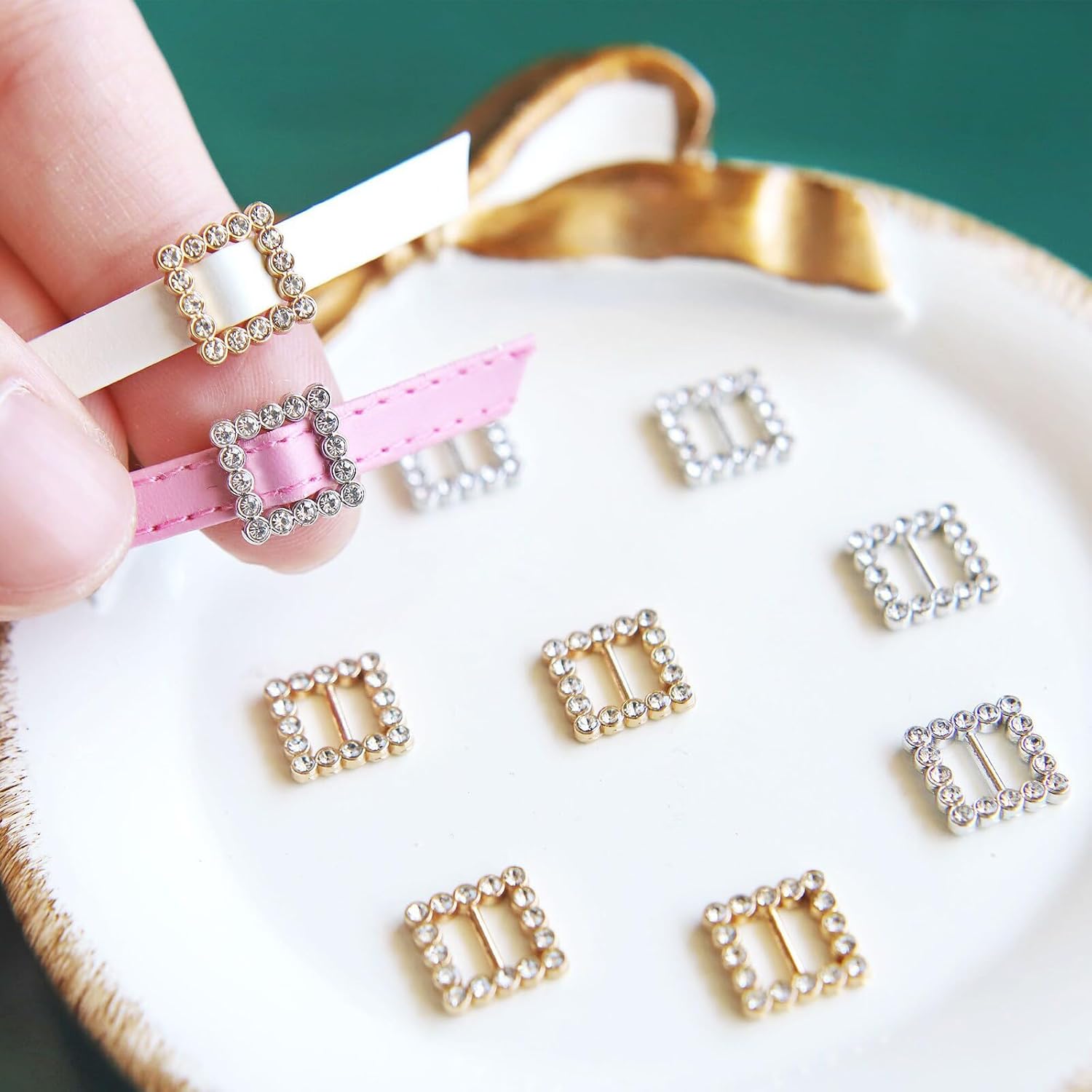 5mm/0.2'' (Inner Diameter) Tiny Doll Crystal Buckles, Gold/Silver Based Square Metal Buckle, for Doll Sewing(10PCS)