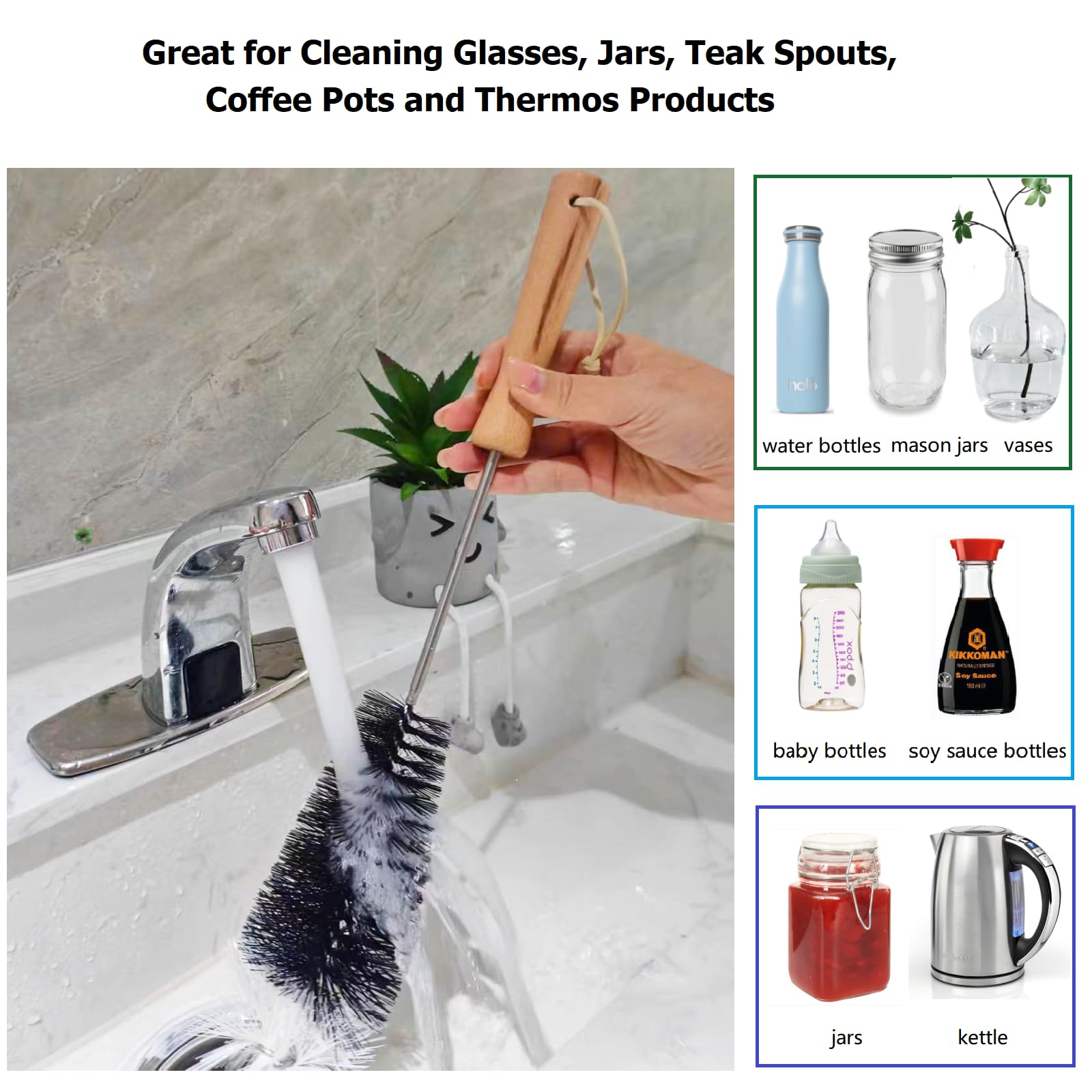 Tahbarshi 2PCS Extra Long Bottle Brush for Cleaning Baby Bottles Water Bottles, Coffee Pots, Tumblers, Jars, Kettles - Image 2