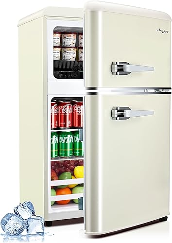 Miniatura 10 de Refrigerador de 3.2 pies cúbicos con congelador, refrigerador retro de doble puerta con termostato de 7 niveles, estantes ajustables de cristal