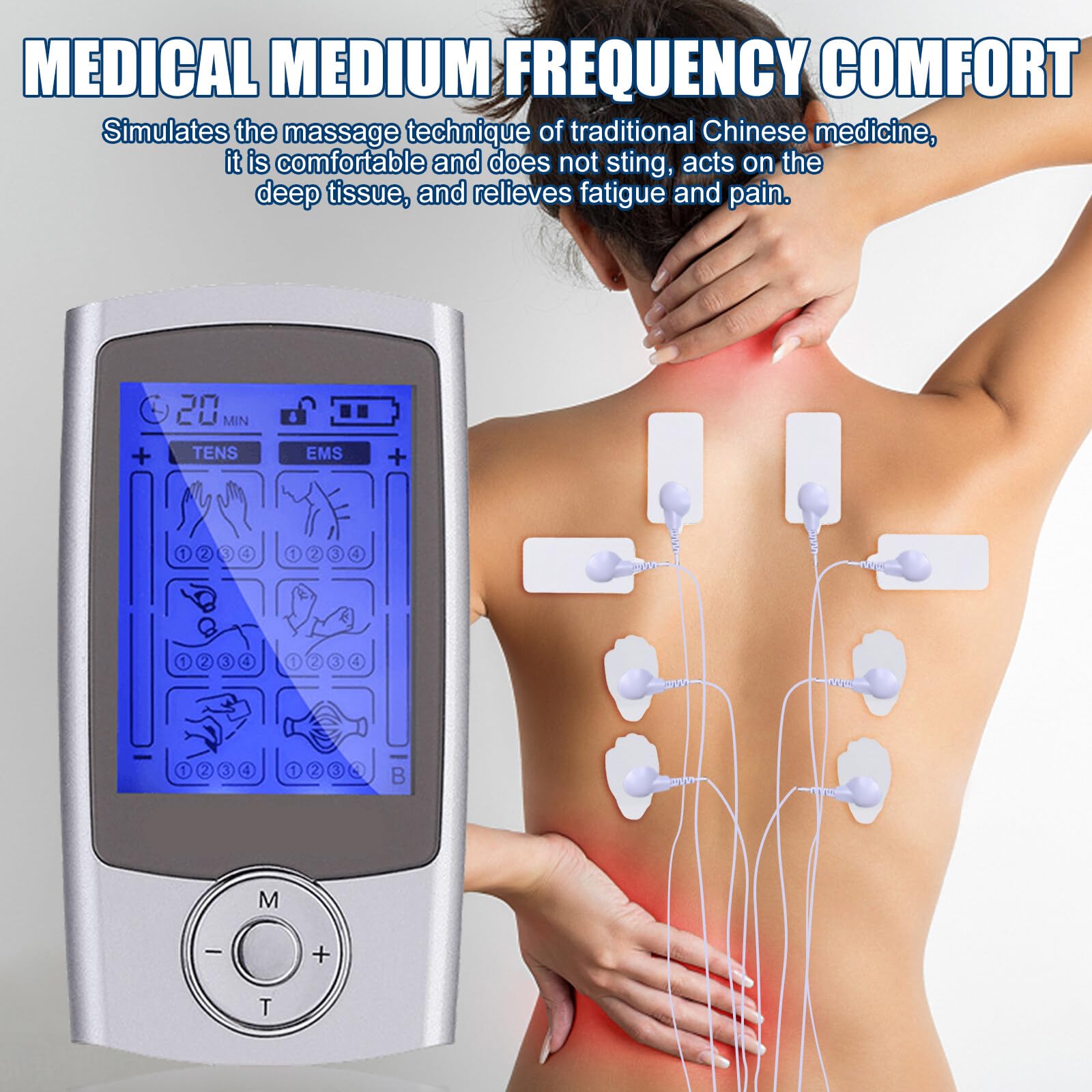 TENS EMS electrostimulateur musculaire, Appareil de thérapie de la douleur TENS rechargeable electrostimulation appareil appareil de thérapie la douleur avec 24 programmes d'entraînement et 2 canaux