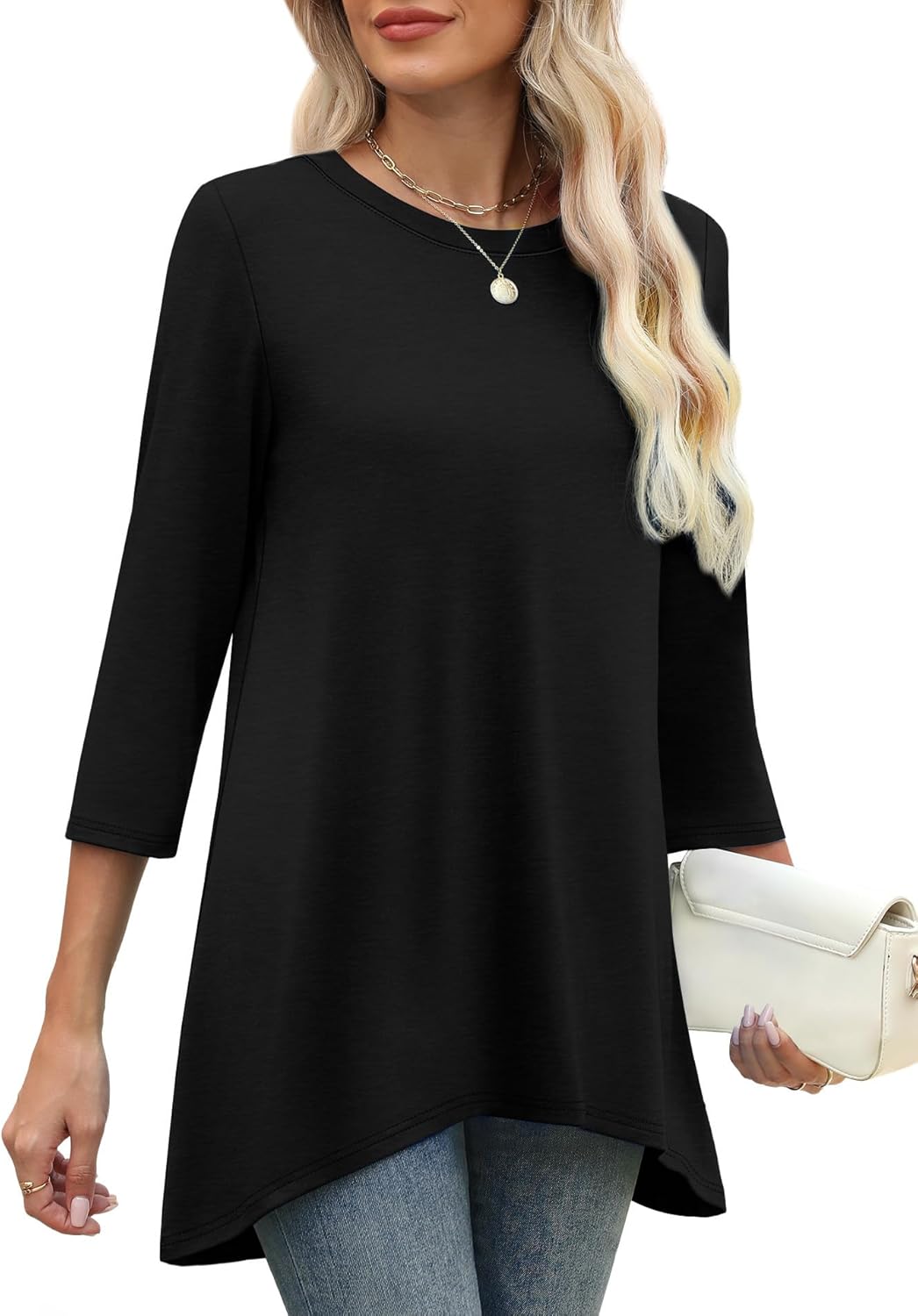 OFEEFAN Tunic Tops for Women Loose Fit Dressy 3/4 Length Sleeve Womens Tops with Asymmetrical Hem S-4XL - Image 4