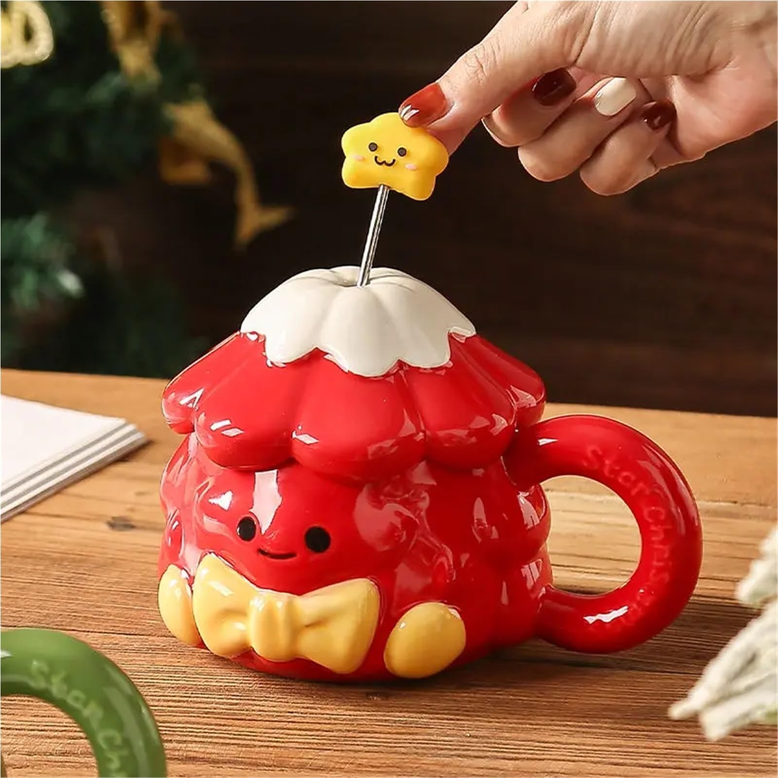 Taza de cerámica de árbol de Navidad, palito for mezclar, taza de pareja con tapa, recuerdo de cumpleaños de 420ml, 2 uds. Para Boda