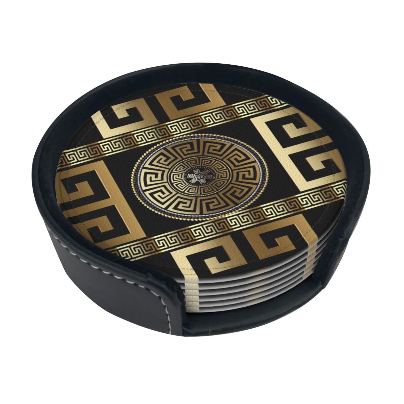 Loujin Golden Round Coasters, Modern Geometric Greek,Mugs Pad Cups Mat Set Of 6 Leather Drinks Coasters With Holder