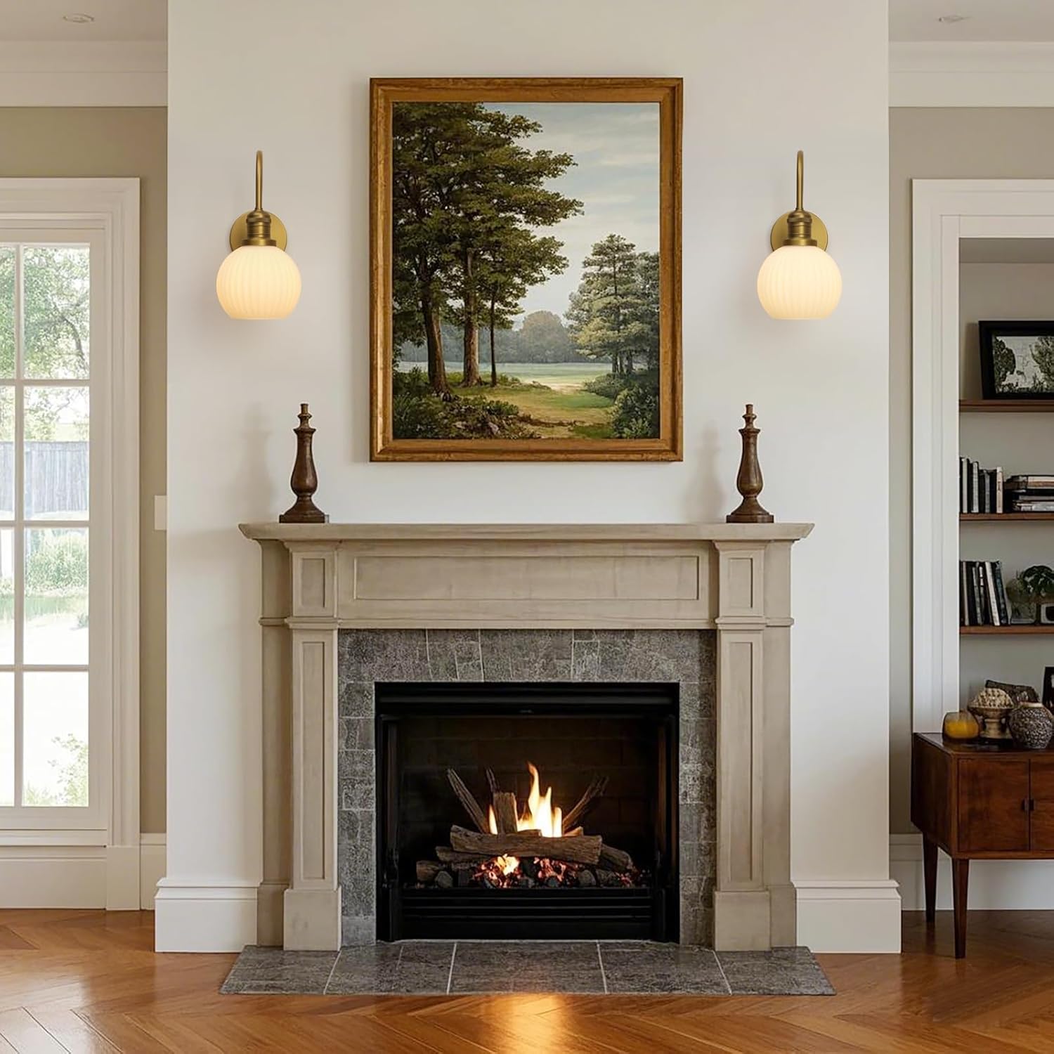 Pathson Milky White Glass Globe Wall Sconce Light, Hardwired Wall Vanity Lighting, Curved Metal Rods Design, Mid-Century Bathroom Wall Lamp Decor for Living Room