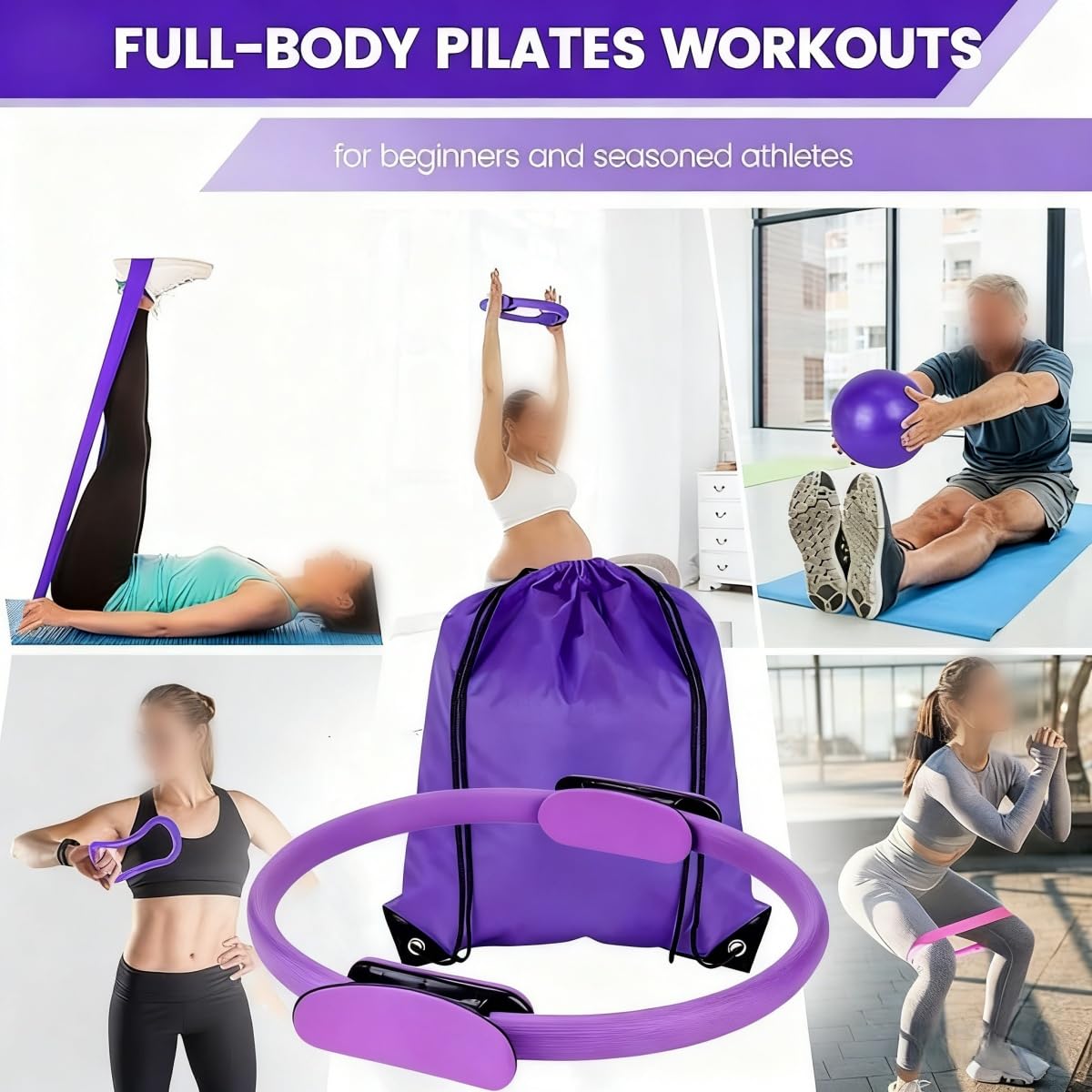 15 teiliges Pilates Set für Zuhause mit Upgrade Pilates Ring 38 cm 5 Fitnessbänder Pilates Ball Yoga Ring Pilates Gurt Massagegerät Trainingsguide Essentielles Pilates Set für Frauen in Lila