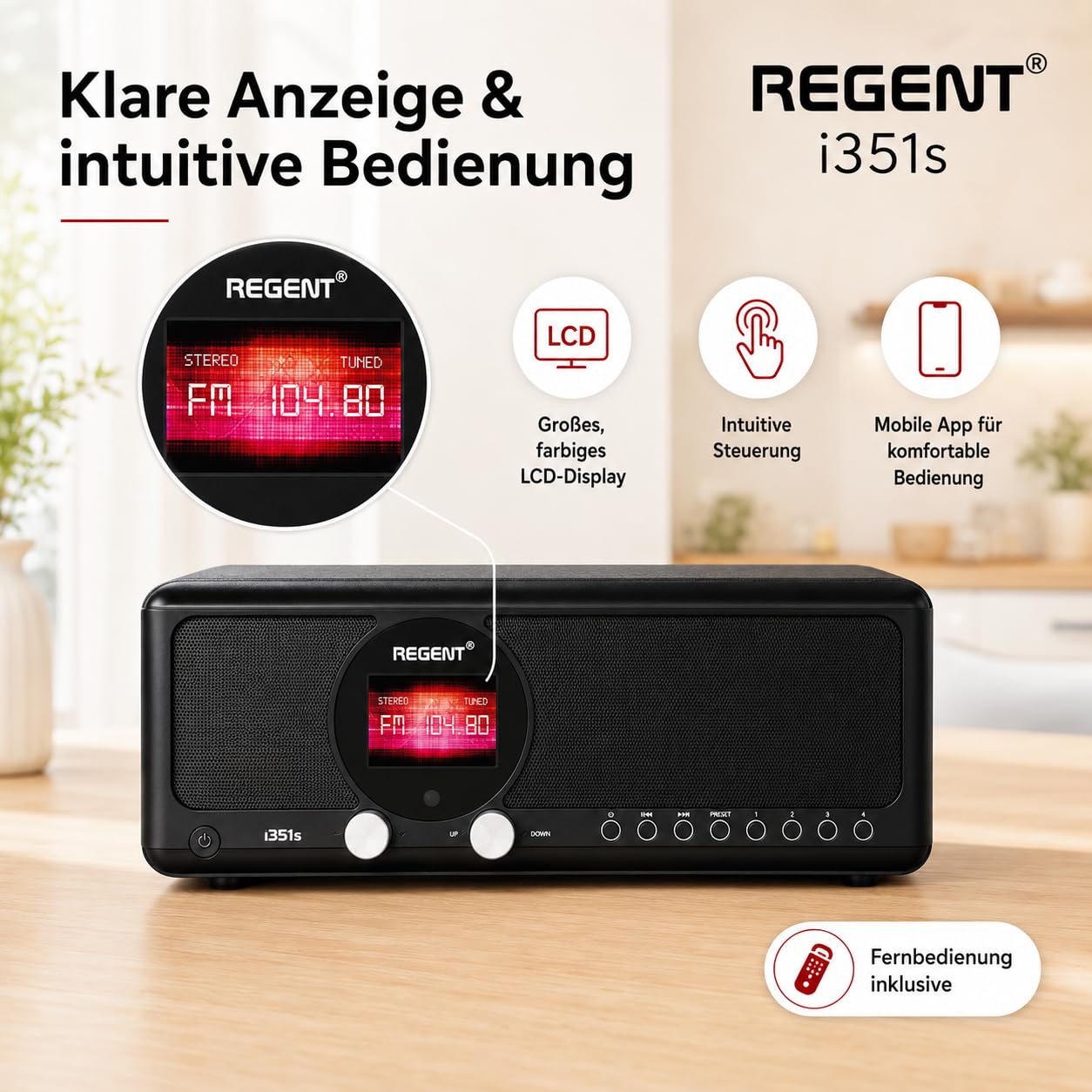 Ferguson Regent i351S – Internetradio WLAN, DAB+ Radio mit Bluetooth, Spotify Connect, Farbdisplay, Dual Alarm, Fernbedienungs-App, einzigartige Bluetooth-Sender Two Way BT (Schwarz)