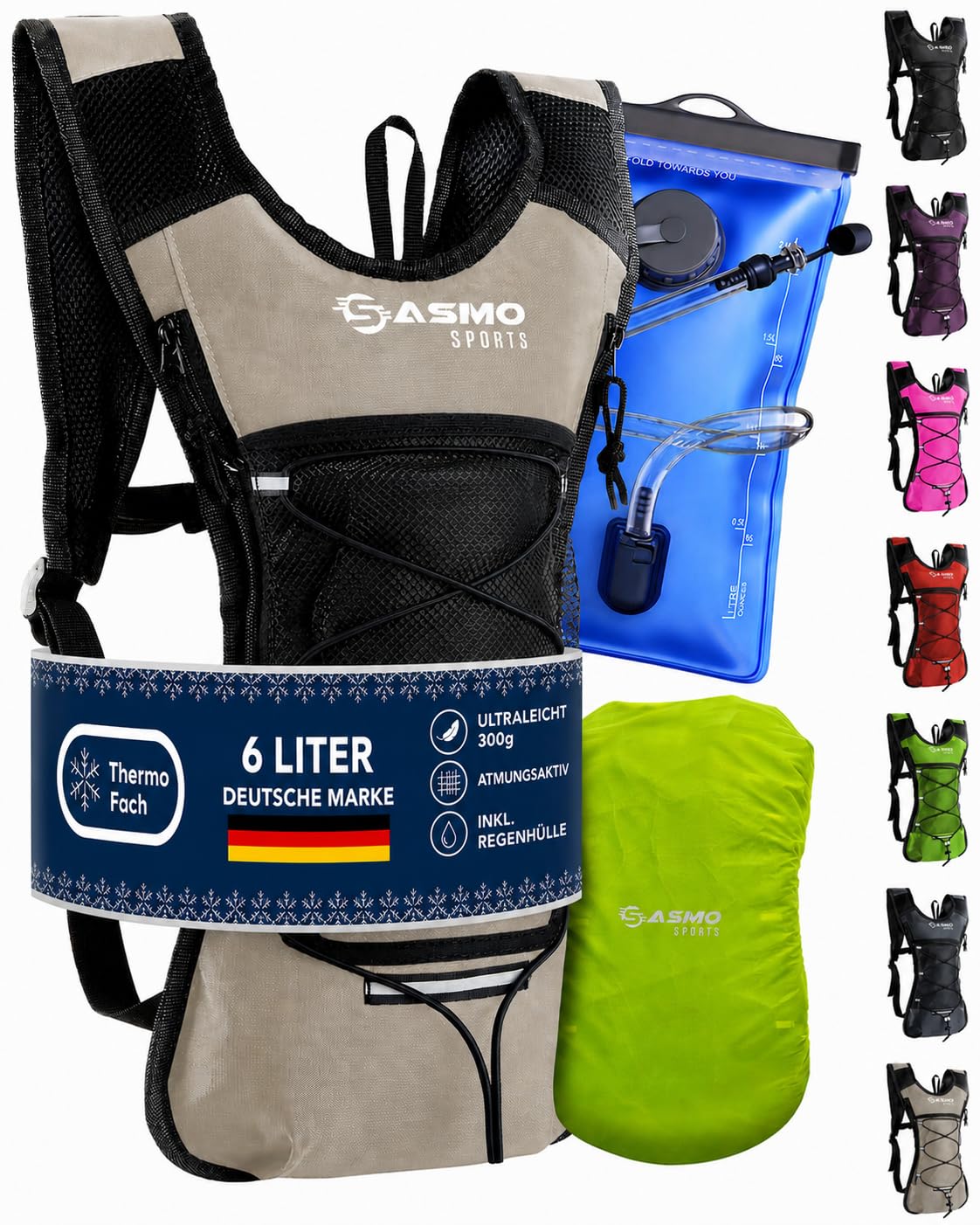 SASMO® Trinkrucksack mit Thermofach | Trinkrucksack Laufen - Ultraleicht 300g & 6L | Laufrucksack mit Trinkblase 2l, BPA-Frei | Rucksack mit Trinkblase & Reflektoren | Laufen, Fahrradfahren