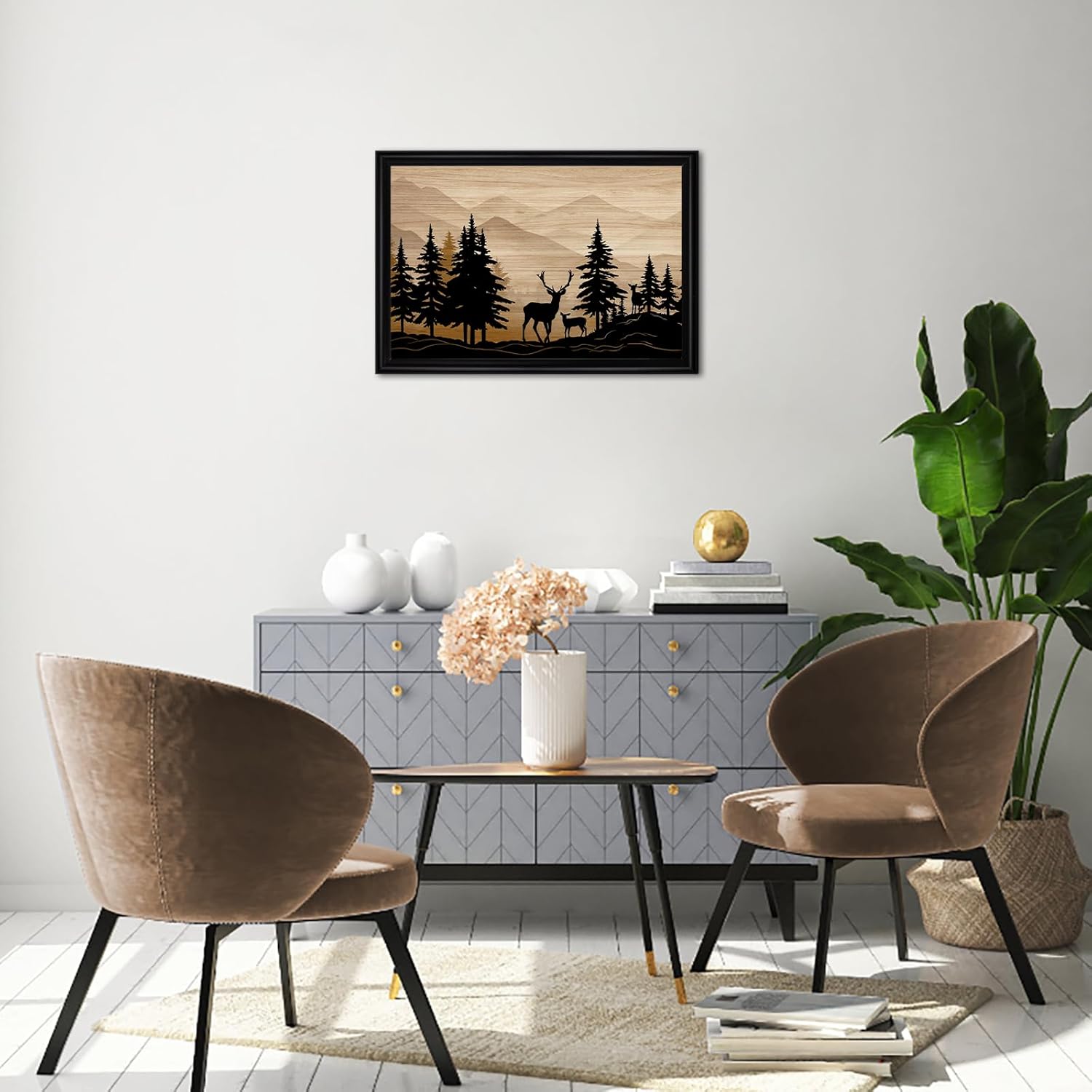 WELMECO Deer Wall Art Cabin Decor Rustic Farmhouse Living Room Decor Forest Deer Painting Framed Art Print Hunting Decor Cabin Lodge Bedroom Bathroom Decoration 16inchx24inch - Image 2