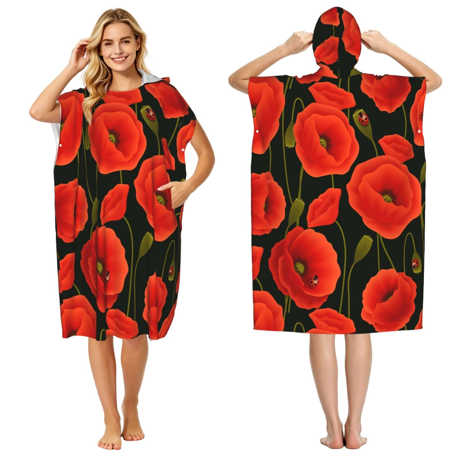 Poadnly Poppy Flowers, Adult Hooded Beach Towel 90 x 110 cm,Changing Bath Robe, Surf Poncho Towel For Women Men