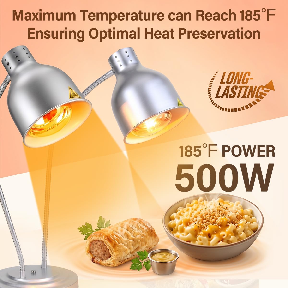 Lampada Riscaldante Doppia per Cucina | Scaldavivande con 2 Lampadine da 250W, Tubo Flessibile Regolabile da 70cm, Ideale per Buffet, Ristoranti, Cucine e Catering