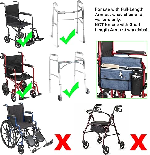 Vista 6 de Bolsa de almacenamiento para silla de ruedas, bolsa de reposabrazos de doble cara con portavasos y tira reflectante, para sillas de ruedas y Azul