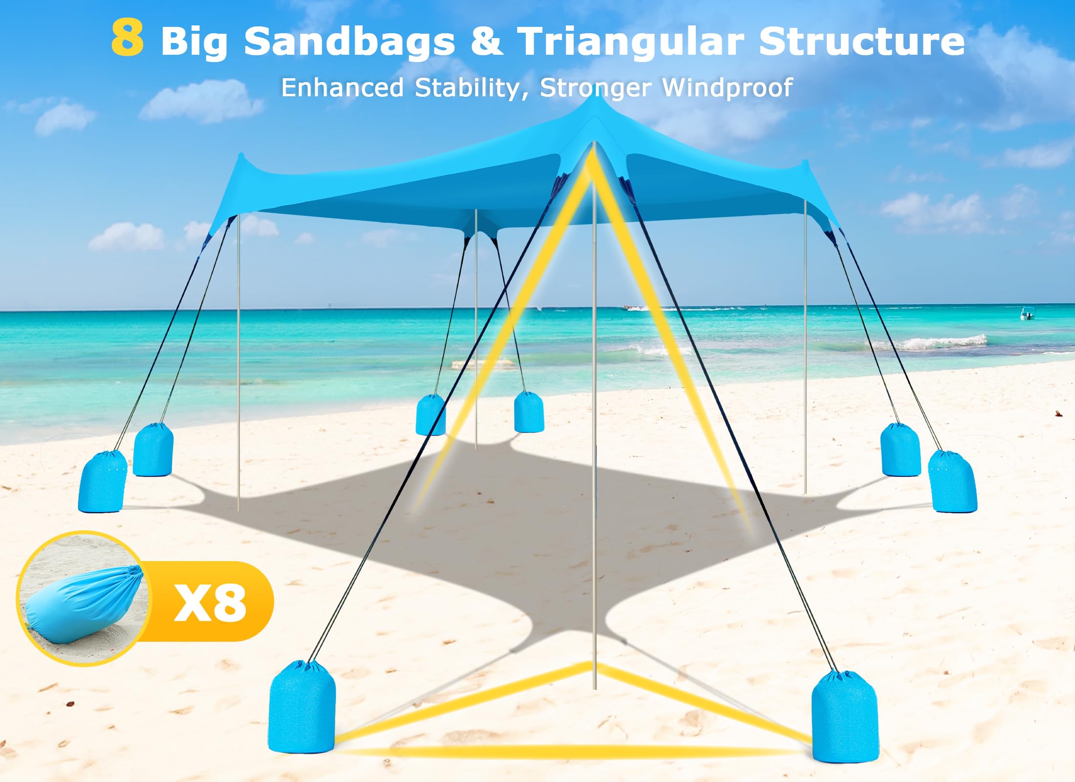 Gorich Beach Tent Sun Shelter with 8 Sandbags, UPF50+ Protection & Windproof Pop Up Beach Canopy Tent Sun Shade for Family, Travel & Camping, Easy Setup Canopy Umbrella