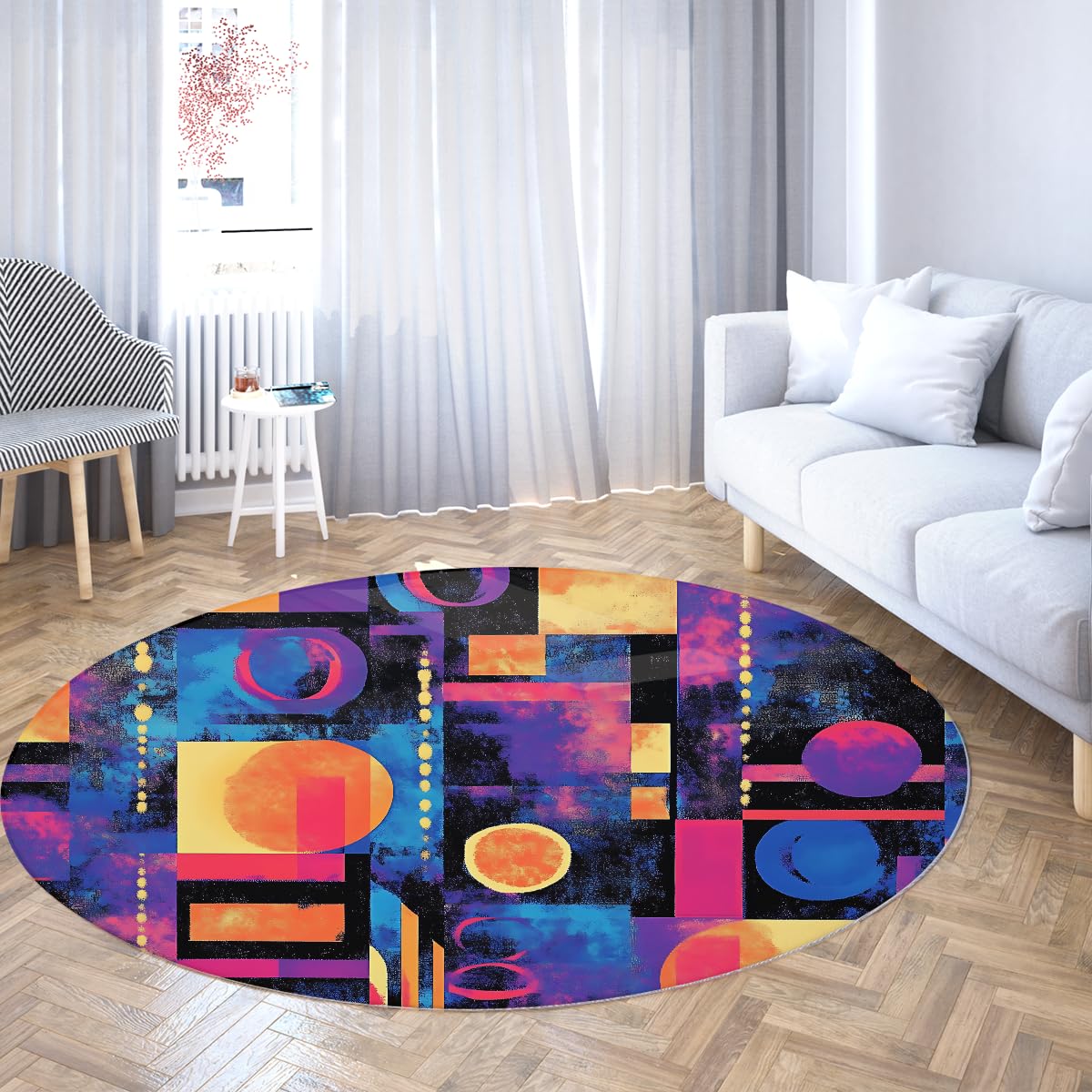 Okrągły dywan 160 cm (okrągły) Wewnętrzne antypoślizgowe dywaniki z niskim włosiem Okrągłe dywaniki Miękkie i żywe dywany z geometrycznym abstrakcyjnym wzorem do wejścia do sypialni