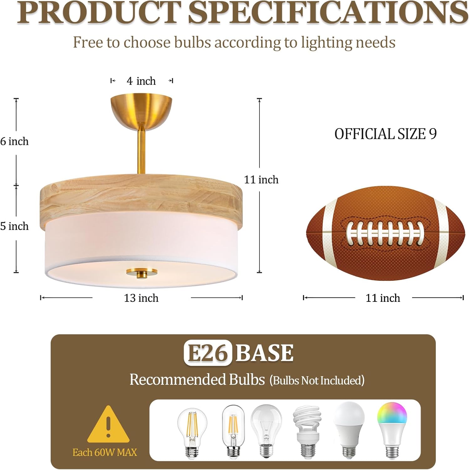 Bargeni Semi Flush Mount Ceiling Light Fixture,13 Inch Gold Light Fixtures Ceiling Mount, Natural Wood Trim with Cream White Fabric Shade, Modern Flush Mount Light Fixture for Bedroom,Hallway,Kitchen