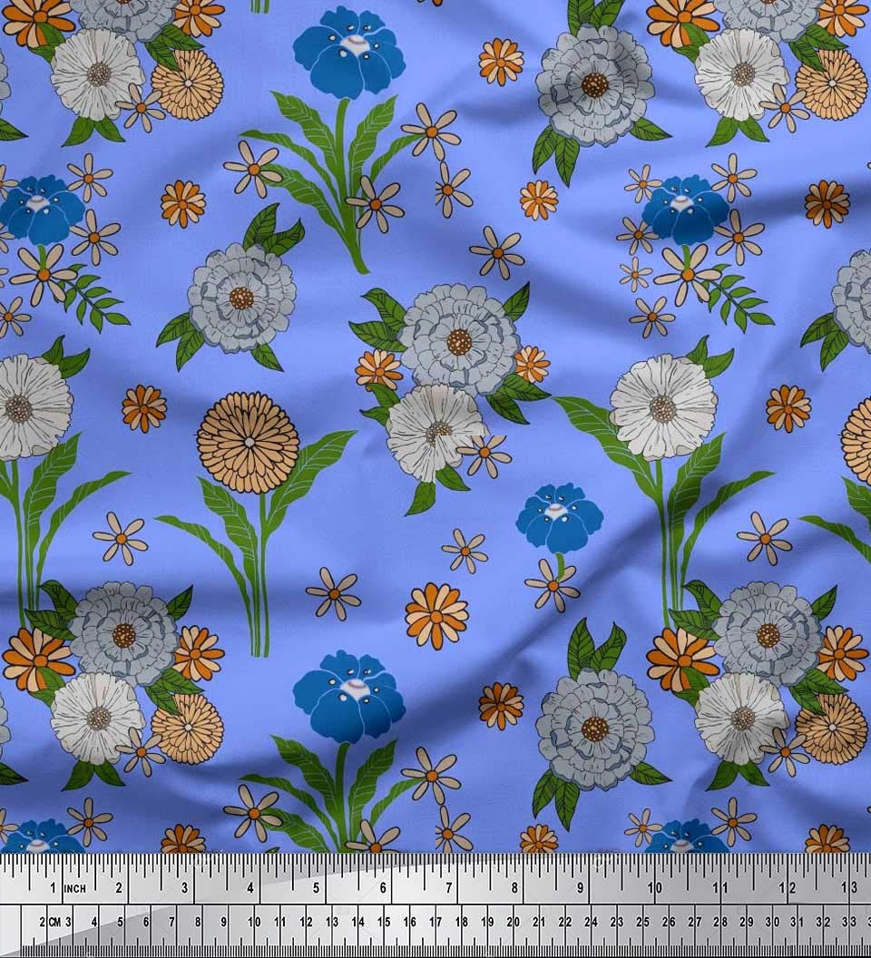 Soimoi Blue Poly Georgette Fabric Leaves & Carnation Floral Fabric Prints By Yard 52 Inch Wide