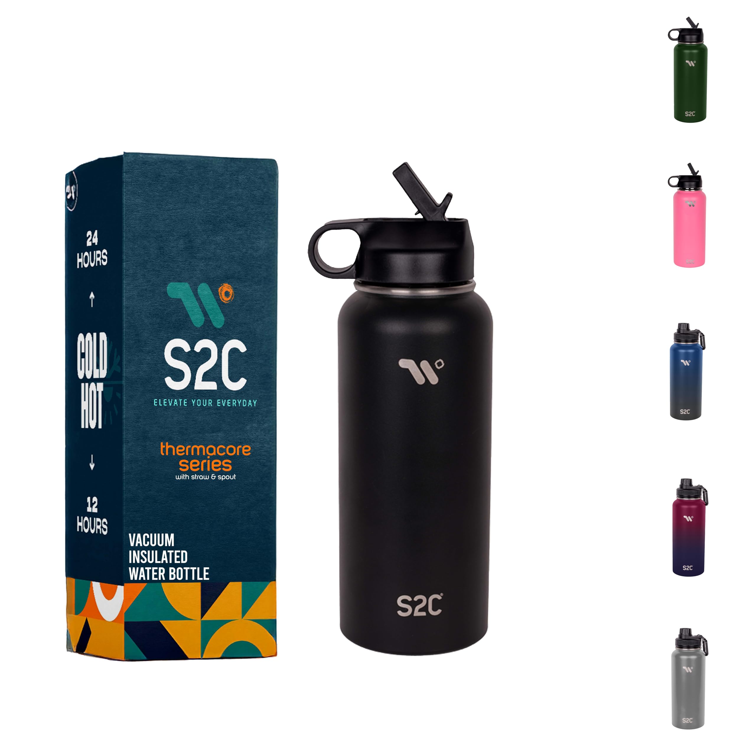 S2C Stainless Steel Water Bottle 1L,32oz Double Wall Vacuum Insulated Water Bottle, BPA Free for Kids School with Straw lid- Thermos Water Flask for Hot Water. (BLACK)