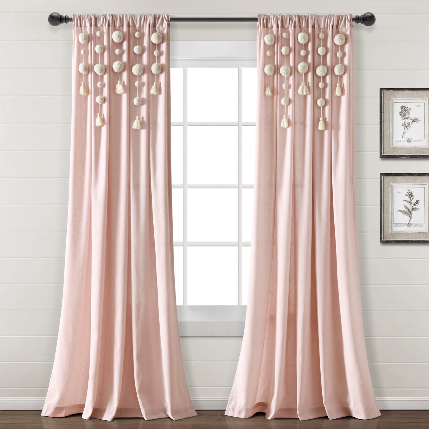 Lush Decor Boho Pom Pom Tassel Linen Window Curtain Panel (Single Panel), 95" L x 52" W, Blush
