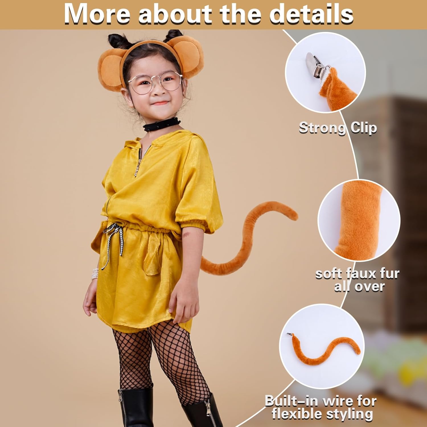 Beviliu Monkey Ears and Tail Set 2 Pieces Monkey Costume Accessories, Realistic Animal Ears Headbands For Adults Party Cosplay Halloween - Image 4