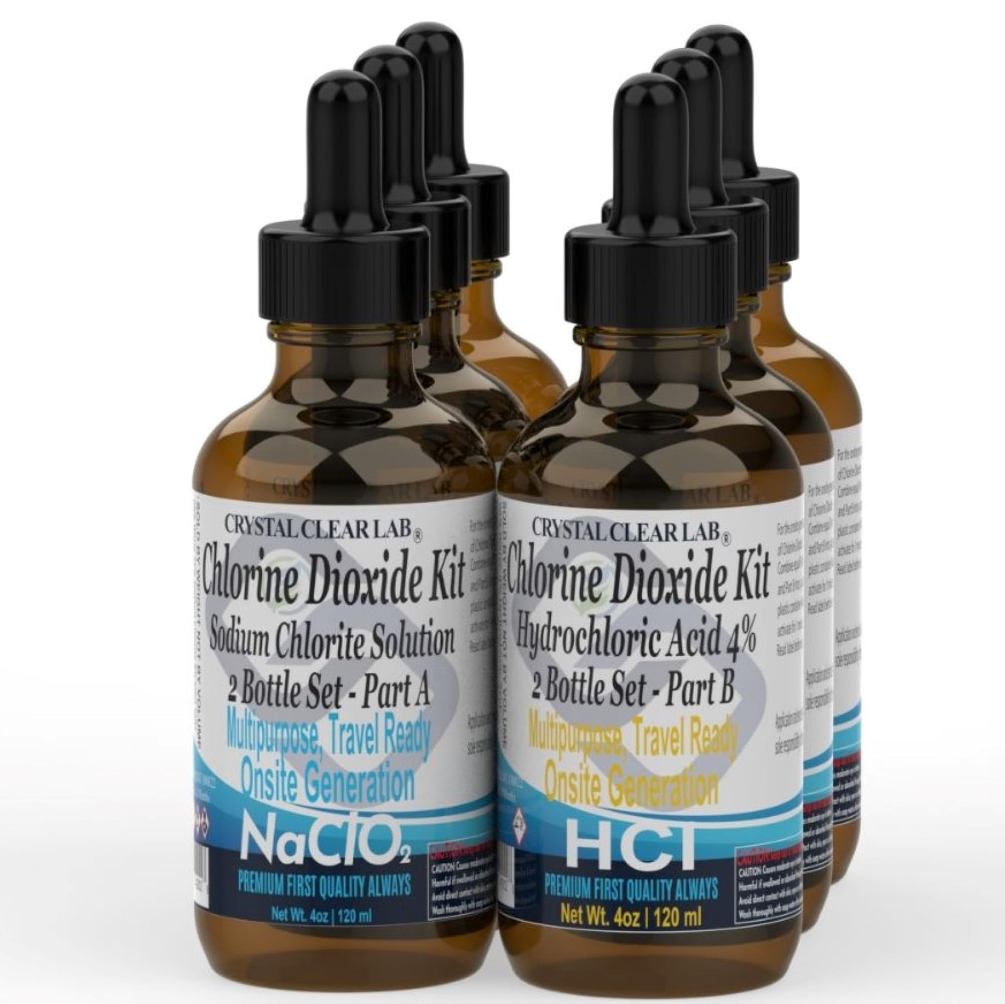 Crystal Clear Lab Chlorine Dioxide - Stabilized CDS Solution, Pure Water Purification Solution, 8 Oz Glass Bottles, 6-Pack