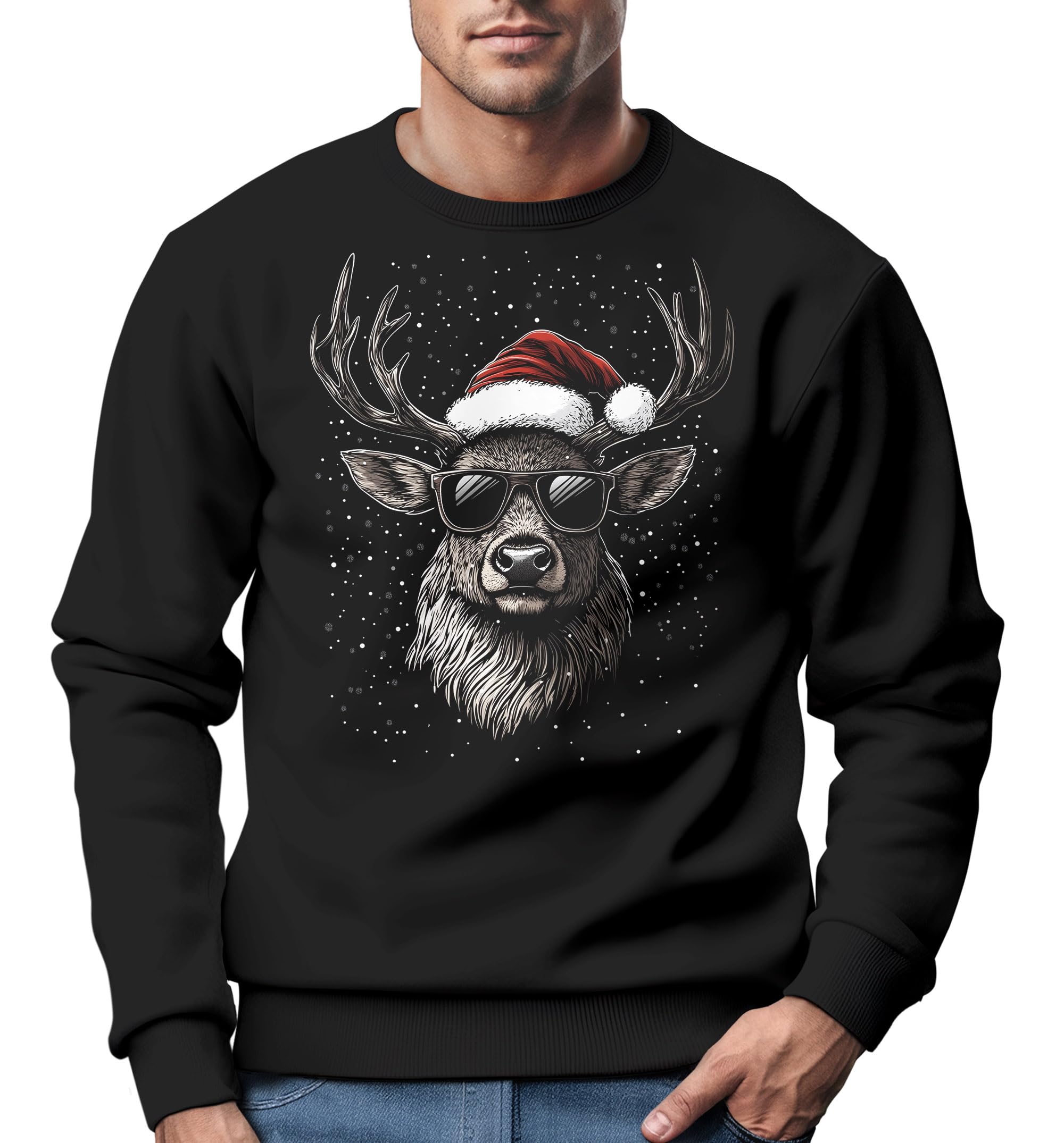 MoonWorks® Sweat-shirt de Noël pour homme avec imprimé renne cerf avec bonnet de Noël, tenue de Noël pour homme, noir, taille XXL, Cerf de Noël noir, XXL