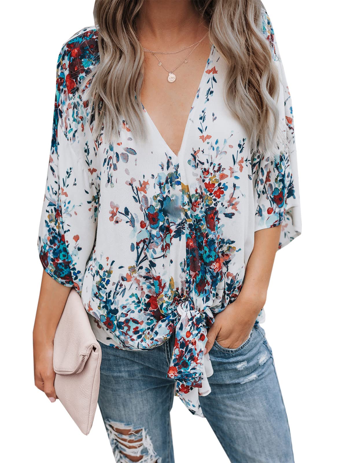 Photo 1 of Farktop Womens Floral V Neck Tie Knot Front Blouses Bat Wing Short Sleeve Chiffon Tops Shirts S Blue Small
