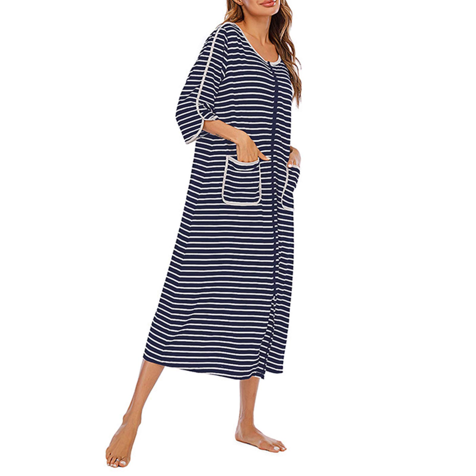 Robe de chambre pour femme, robe de chambre à fermeture éclair douce à manches courtes/longues, avec poches, vêtements de nuit
